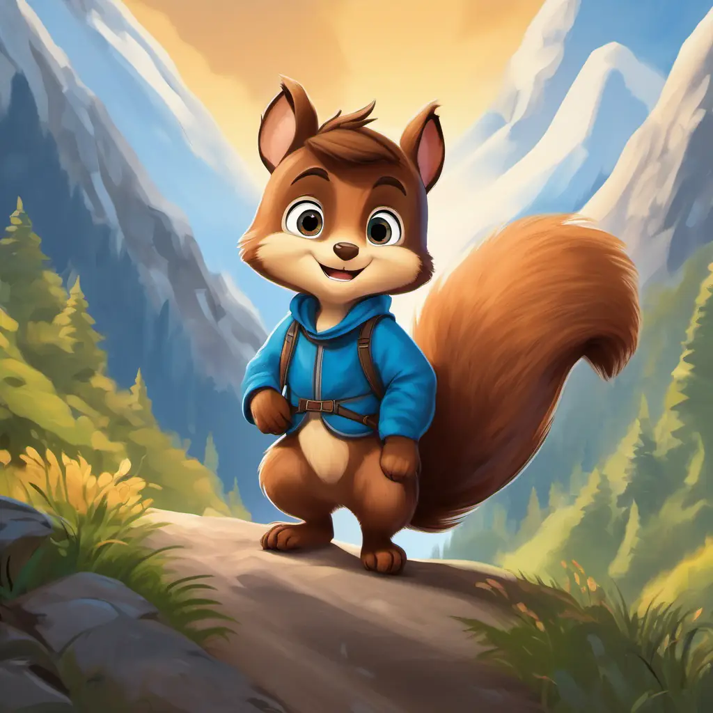 Timmy is a little boy with brown hair and blue eyes climbing up the mountain with Sammy is a friendly squirrel with brown fur and bright eyes the squirrel cheering him on.