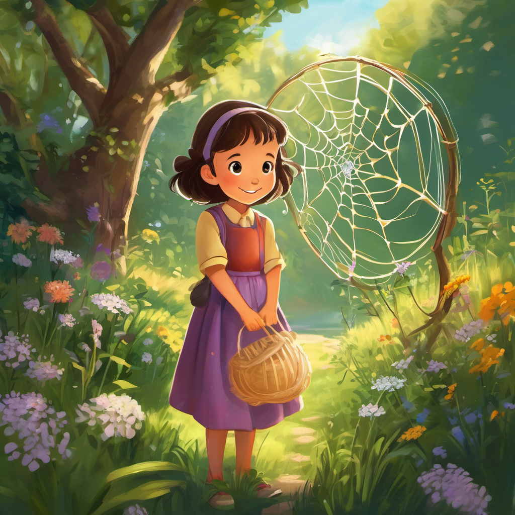 Once upon a time, in a small village nestled between rolling hills and sparkling streams, there lived a little girl named Lila. Lila was eight years old and had the brightest smile in the entire village. She loved to explore the lush forests, gather wildflowers, and spend time with her beloved grandmother, Nana Rose. One sunny afternoon, while playing near the riverbank, Lila stumbled upon a magical sight. It was a beautiful spider web woven delicately between two branches. Fascinated, Lila remembered her dear Nana Rose telling her about the legend of dreamcatchers.