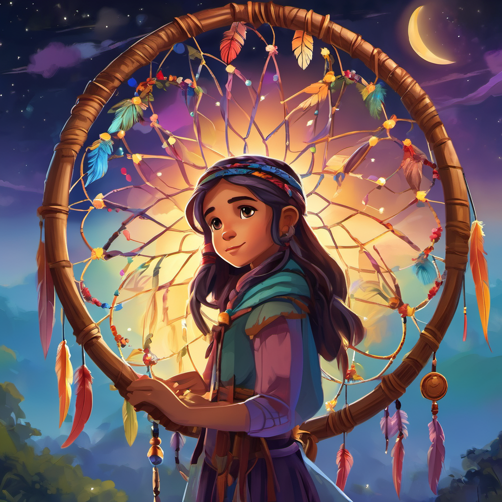 According to the legend, dreamcatchers were meant to capture bad dreams while allowing good dreams to pass through. Intrigued by the tale, Lila decided to create her very own dreamcatcher. She searched the village for materials and found feathers, colorful beads, and a small hoop. Using her lovingly collected treasures, Lila carefully weaved her dreamcatcher. As she worked, she whispered her wishes into the gentle breeze, hoping they would come true. She asked for happiness, love, and the courage to chase her dreams.