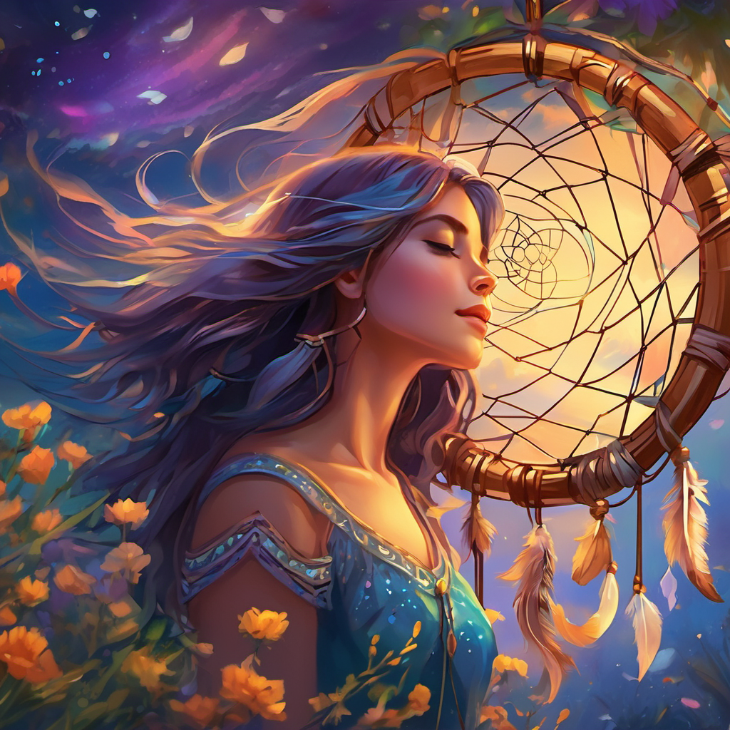 That night, Lila placed her dreamcatcher above her bed, eager to see its magical powers at work. As Lila drifted into a peaceful sleep, she found herself in a vibrant dream world. The dreamcatcher shimmered softly, illuminating her dreams with an enchanting glow. Lila dreamt of playing with dolphins in the sparkling ocean, dancing with fairies in a meadow of wildflowers, and soaring through the sky on the wings of a beautiful bird. But what surprised her the most was when the dreamcatcher started to emit warm, golden light, filling her dreams with hope.