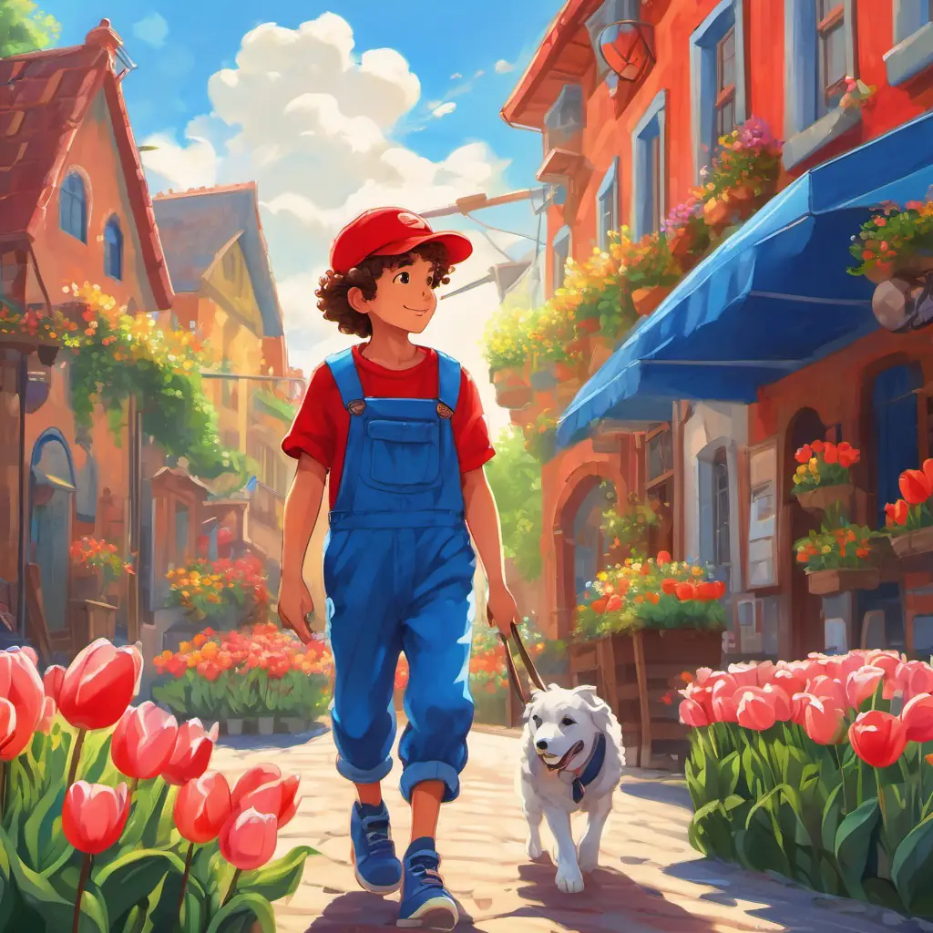 LoLo: A curly-haired boy with blue overalls and a red baseball cap is a curly-haired boy wearing blue overalls and a red baseball cap. He is walking through a colorful town with tall, swaying tulips and a bright blue sky.