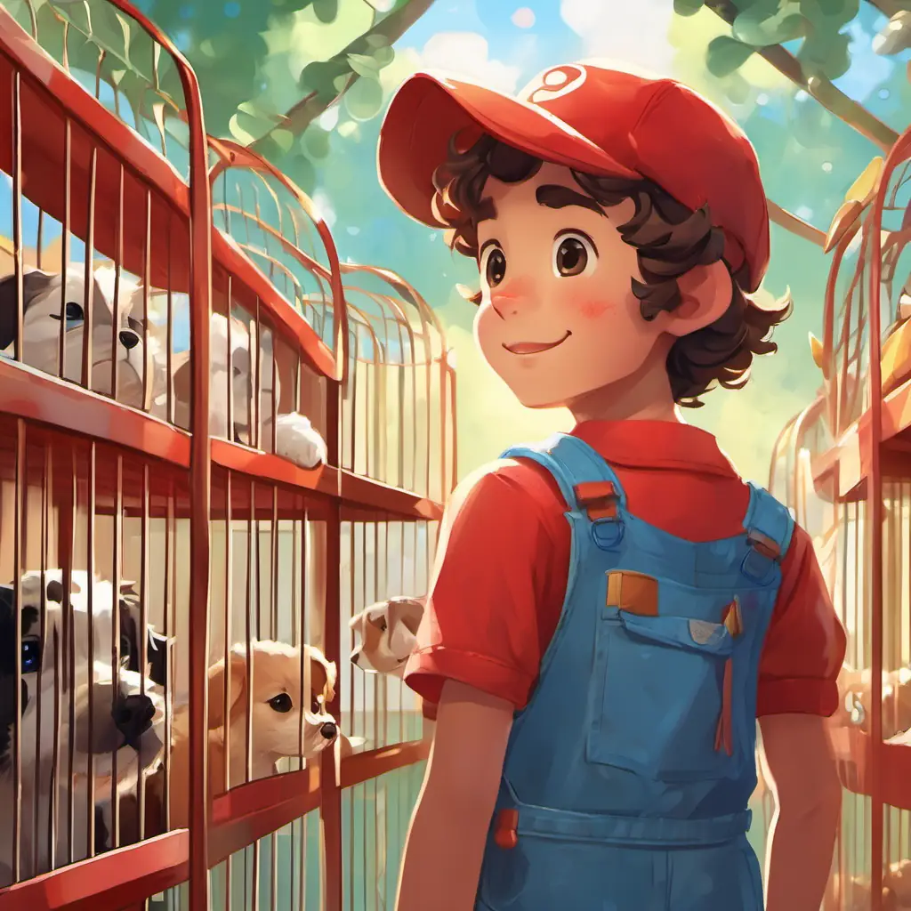 LoLo: A curly-haired boy with blue overalls and a red baseball cap is standing in the pet shelter, surrounded by colorful cages filled with pets. Poppy: A small, spotted puppy with brown spots and floppy ears is a small, spotted puppy with brown spots and floppy ears.