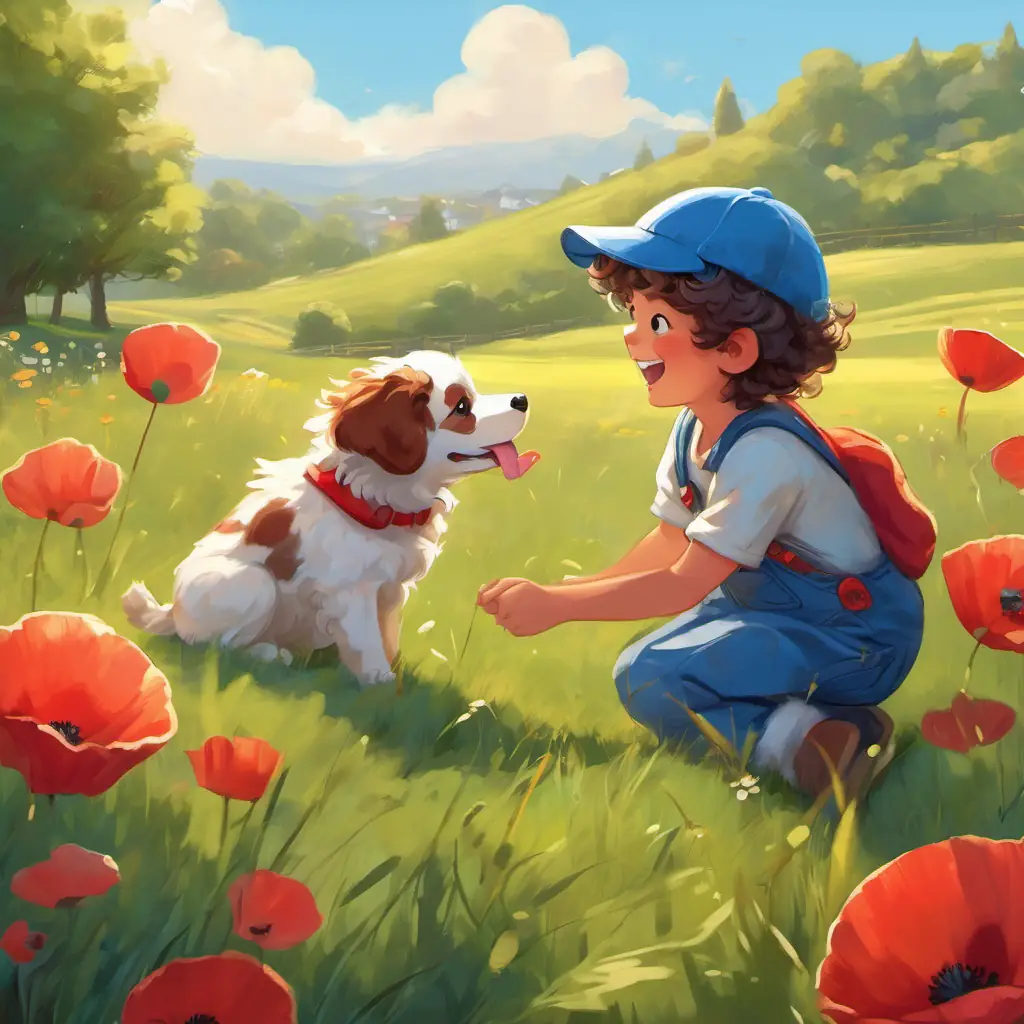 LoLo: A curly-haired boy with blue overalls and a red baseball cap and Poppy: A small, spotted puppy with brown spots and floppy ears are playing together in a sunny, grassy yard. Poppy: A small, spotted puppy with brown spots and floppy ears is chasing after a ball while LoLo: A curly-haired boy with blue overalls and a red baseball cap watches and giggles.