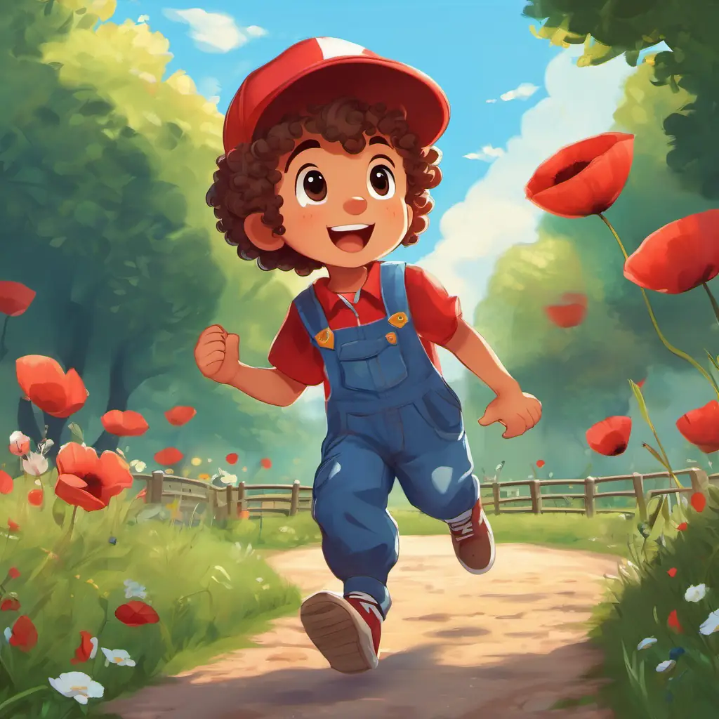 LoLo: A curly-haired boy with blue overalls and a red baseball cap and Poppy: A small, spotted puppy with brown spots and floppy ears are frolicking in the park. Poppy: A small, spotted puppy with brown spots and floppy ears is jumping over obstacles while LoLo: A curly-haired boy with blue overalls and a red baseball cap claps and cheers.