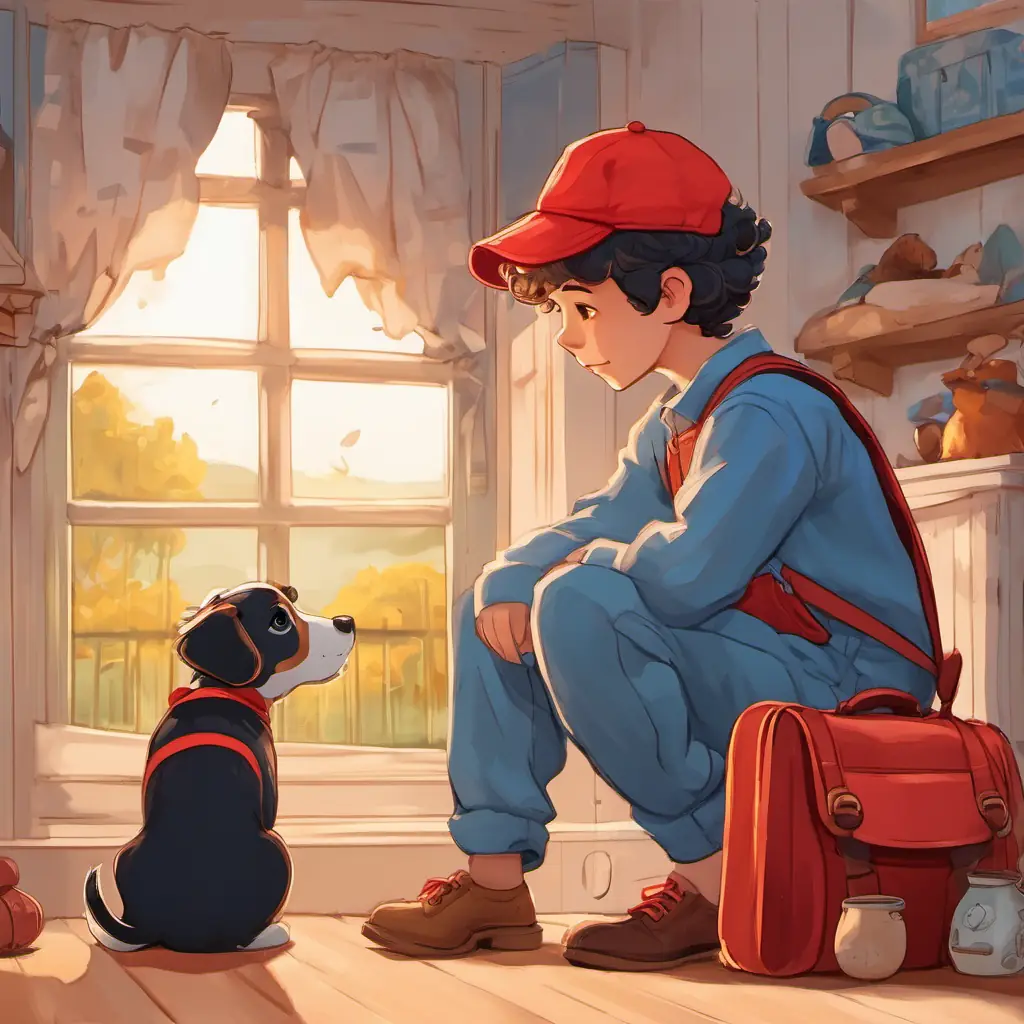 LoLo: A curly-haired boy with blue overalls and a red baseball cap is packing a bag while Poppy: A small, spotted puppy with brown spots and floppy ears watches with sad eyes. But then Poppy: A small, spotted puppy with brown spots and floppy ears curls up on a soft bed, looking out the window at the setting sun.