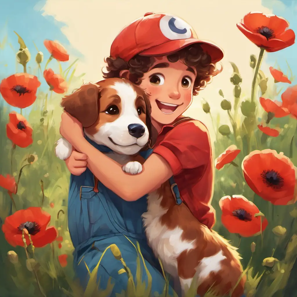 LoLo: A curly-haired boy with blue overalls and a red baseball cap is hugging Poppy: A small, spotted puppy with brown spots and floppy ears tightly, with a big smile on his face. Poppy: A small, spotted puppy with brown spots and floppy ears is jumping around in excitement, with a bright, happy expression.