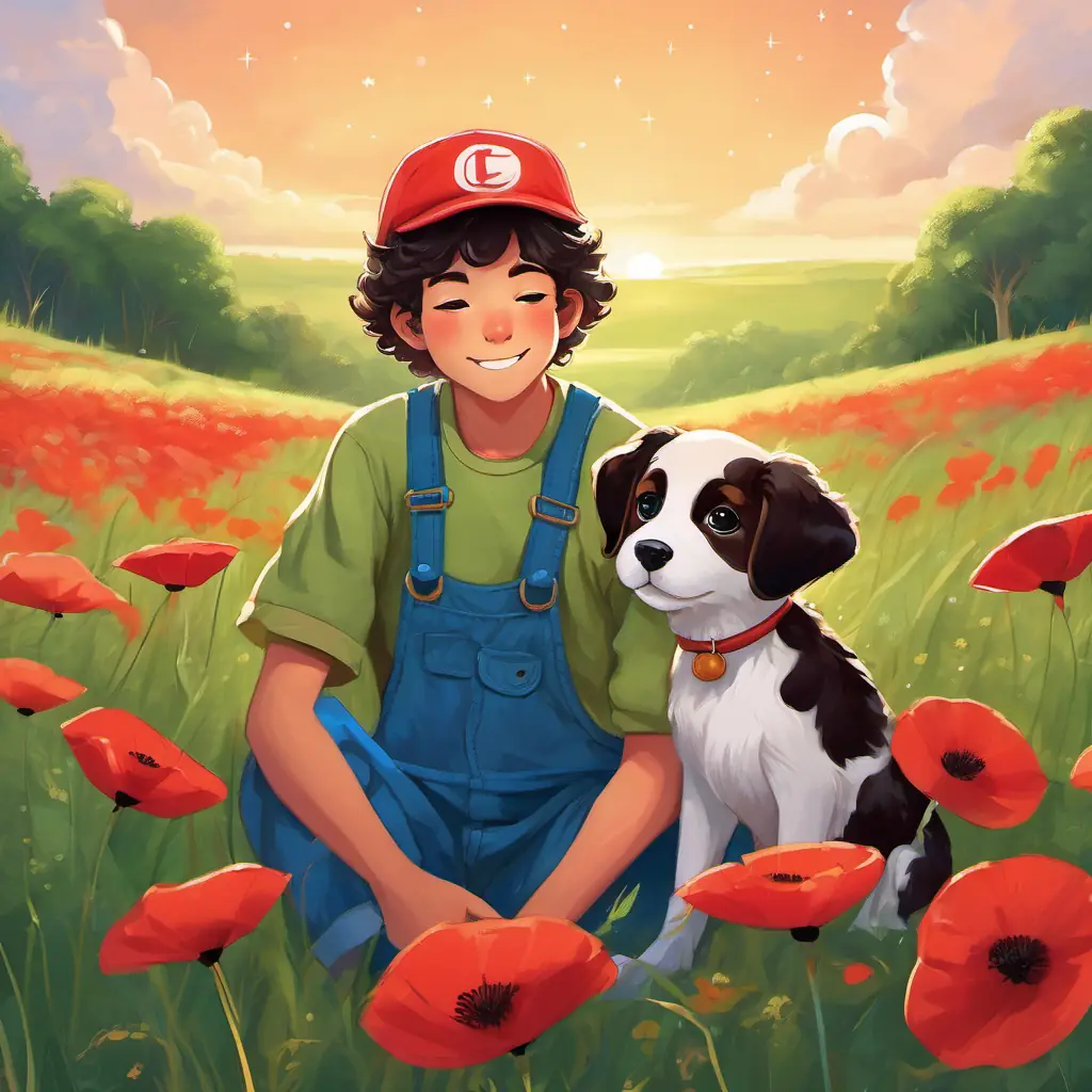 LoLo: A curly-haired boy with blue overalls and a red baseball cap and Poppy: A small, spotted puppy with brown spots and floppy ears are lying in a green field, looking up at a sky filled with sparkling stars. They are both snuggled up together, with peaceful smiles on their faces.