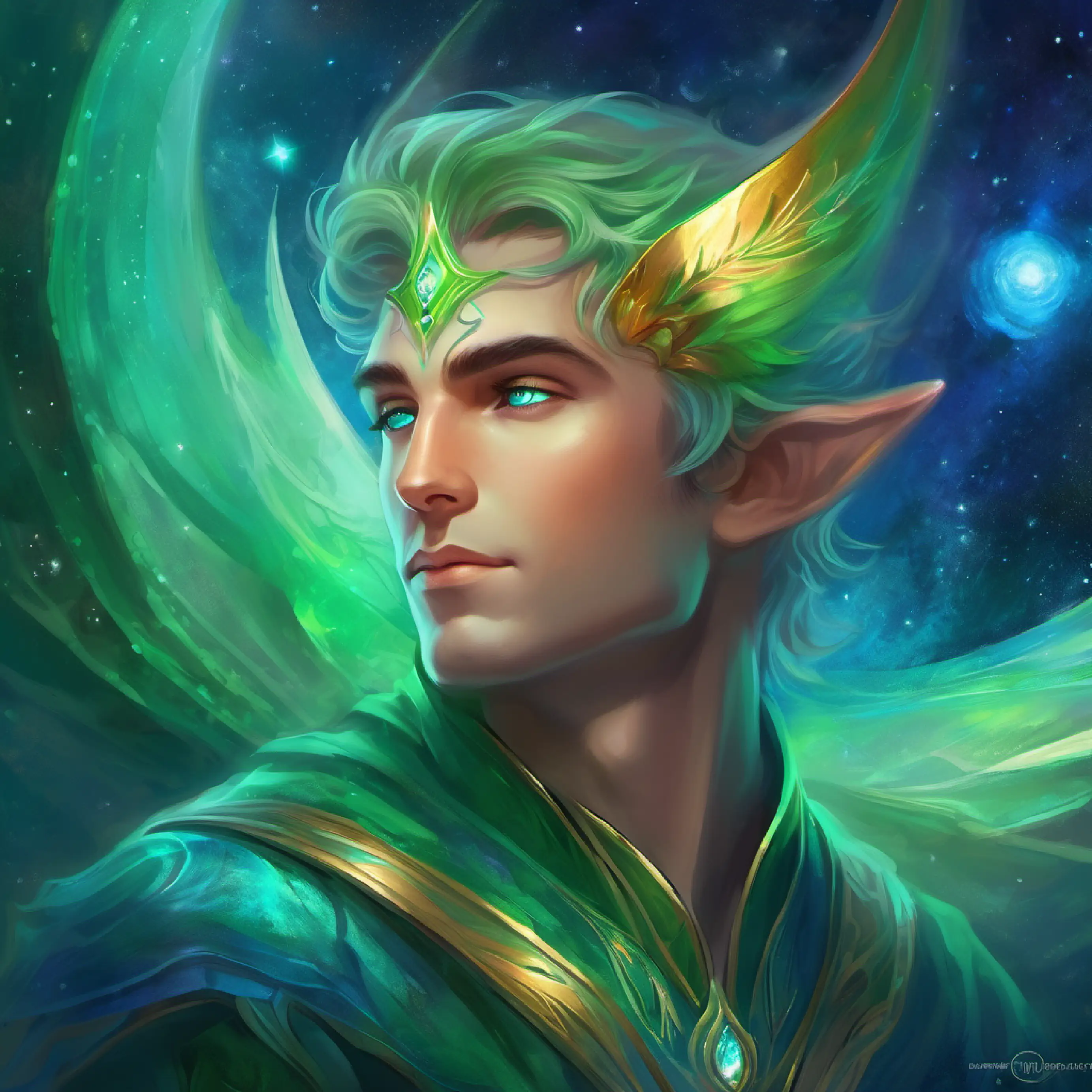 Elf with green skin, bright blue eyes, eager expression in his starry bedroom, dreaming of space