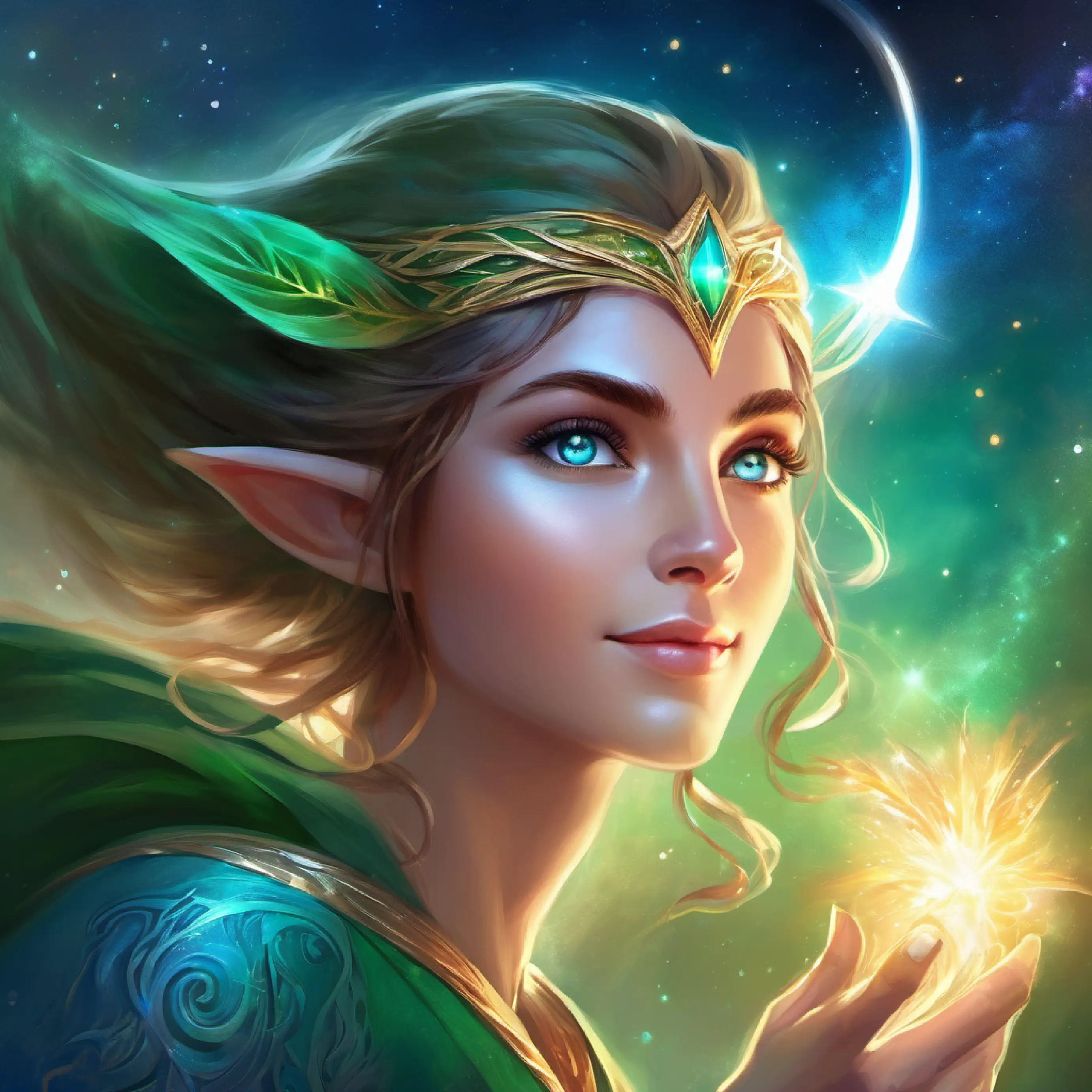 Elf with green skin, bright blue eyes, eager expression excited over a shooting star, convincing Elf with tan skin, intelligent brown eyes, inventive gaze to explore