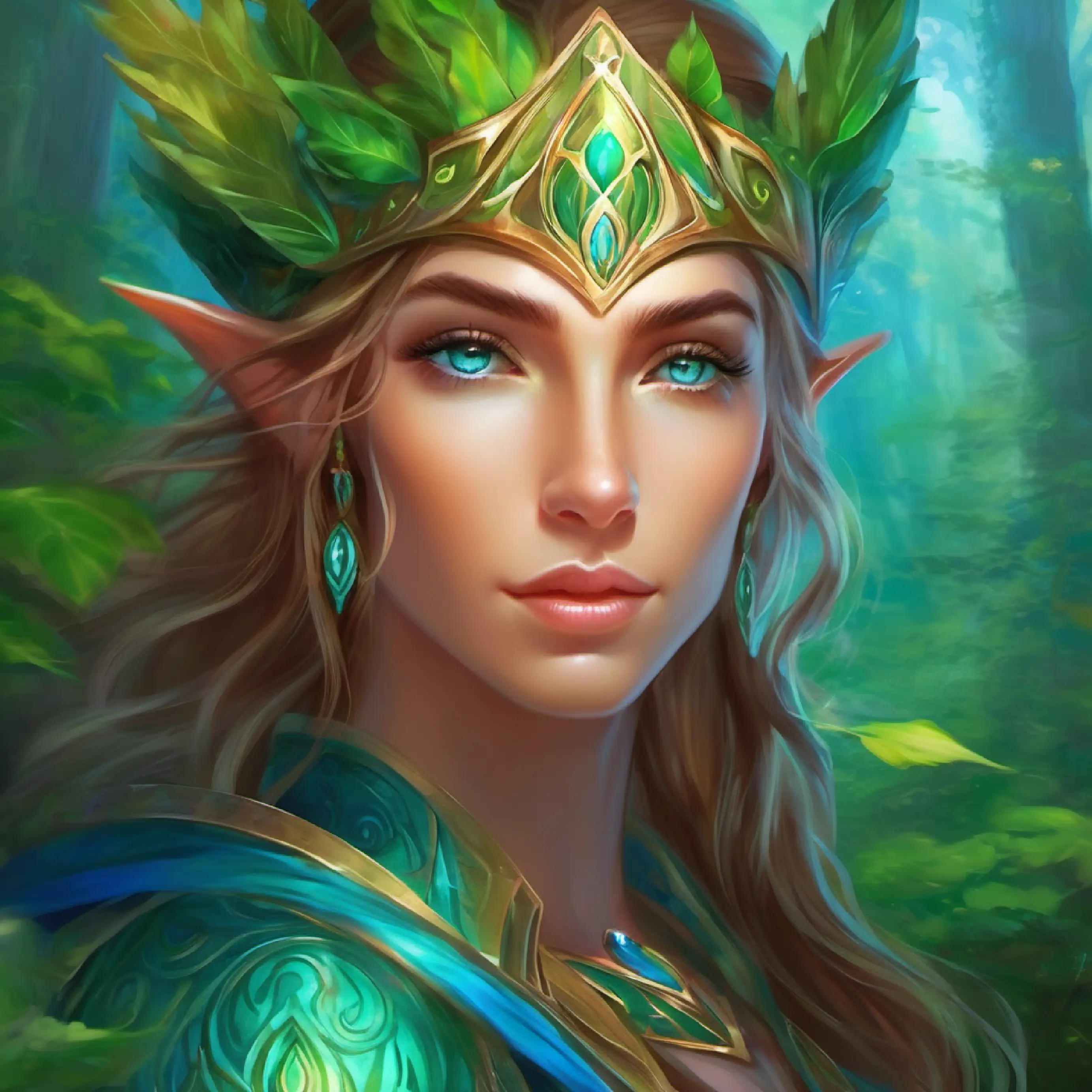 Elf with green skin, bright blue eyes, eager expression and Elf with tan skin, intelligent brown eyes, inventive gaze, beginning their adventure in the forest