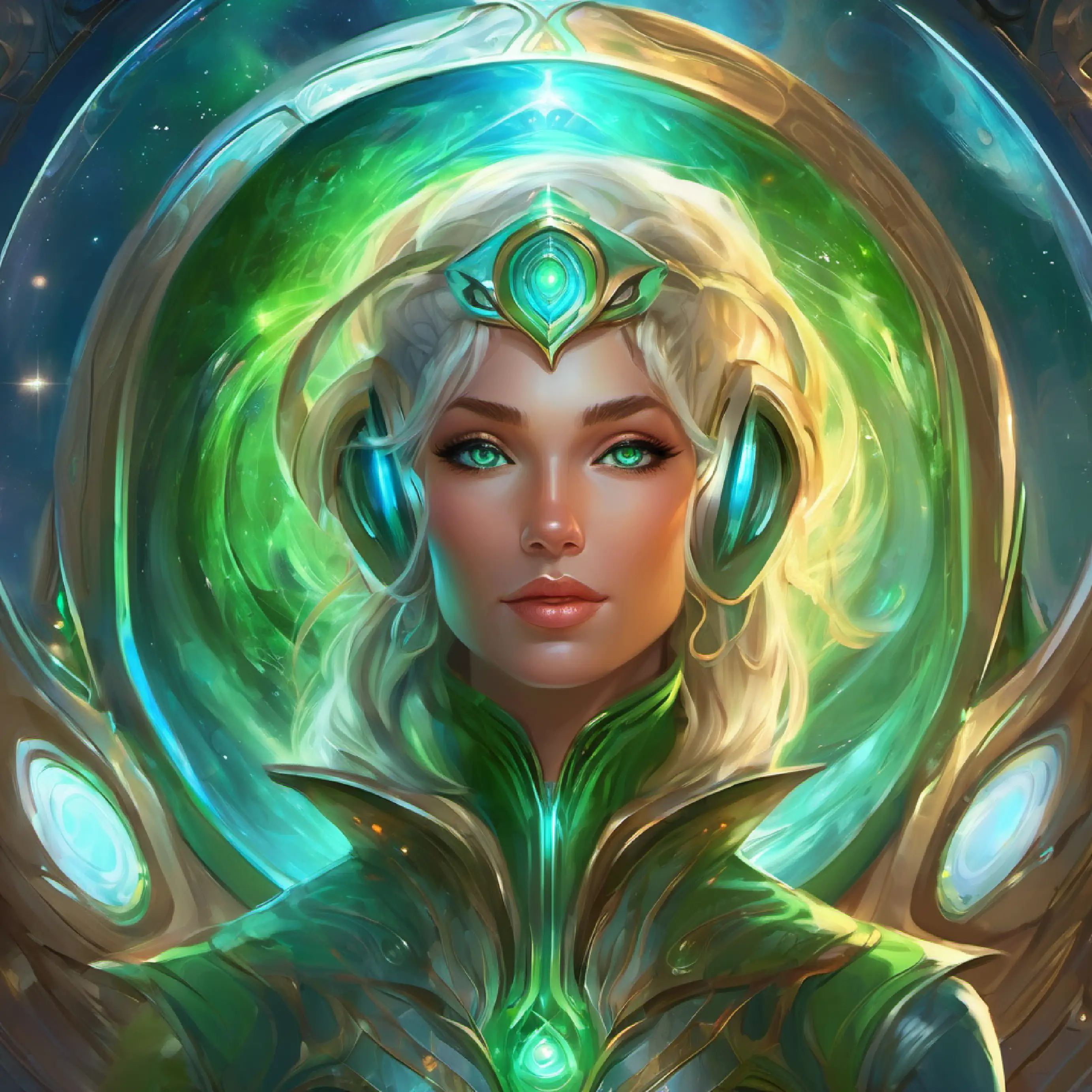 Elf with green skin, bright blue eyes, eager expression and Elf with tan skin, intelligent brown eyes, inventive gaze inside the space pod, mesmerized by controls