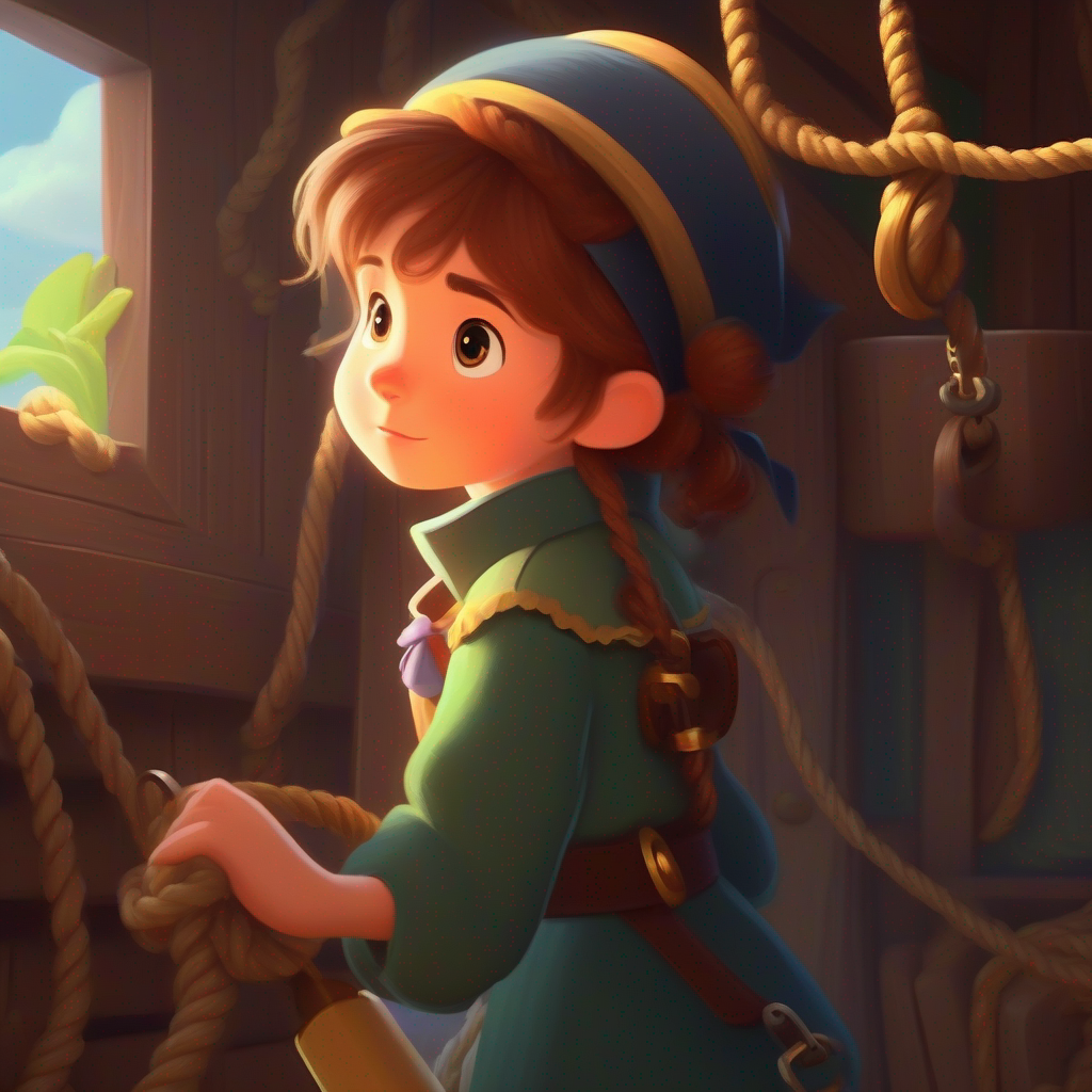 Cozy house, curious girl, pirates, tying imaginary ropes