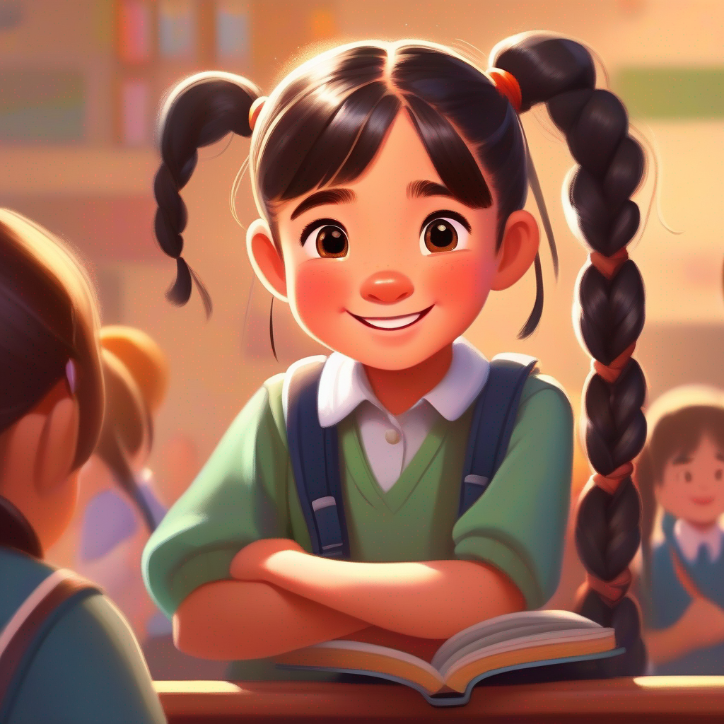 Curious girl with a big smile and pigtail braids becomes a teacher, lessons carried forward, comfortable expression, positive communication