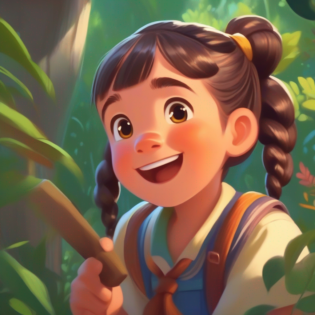 Curious girl with a big smile and pigtail braids teaches her own children, safe tie-up games, open communication, mutual respect