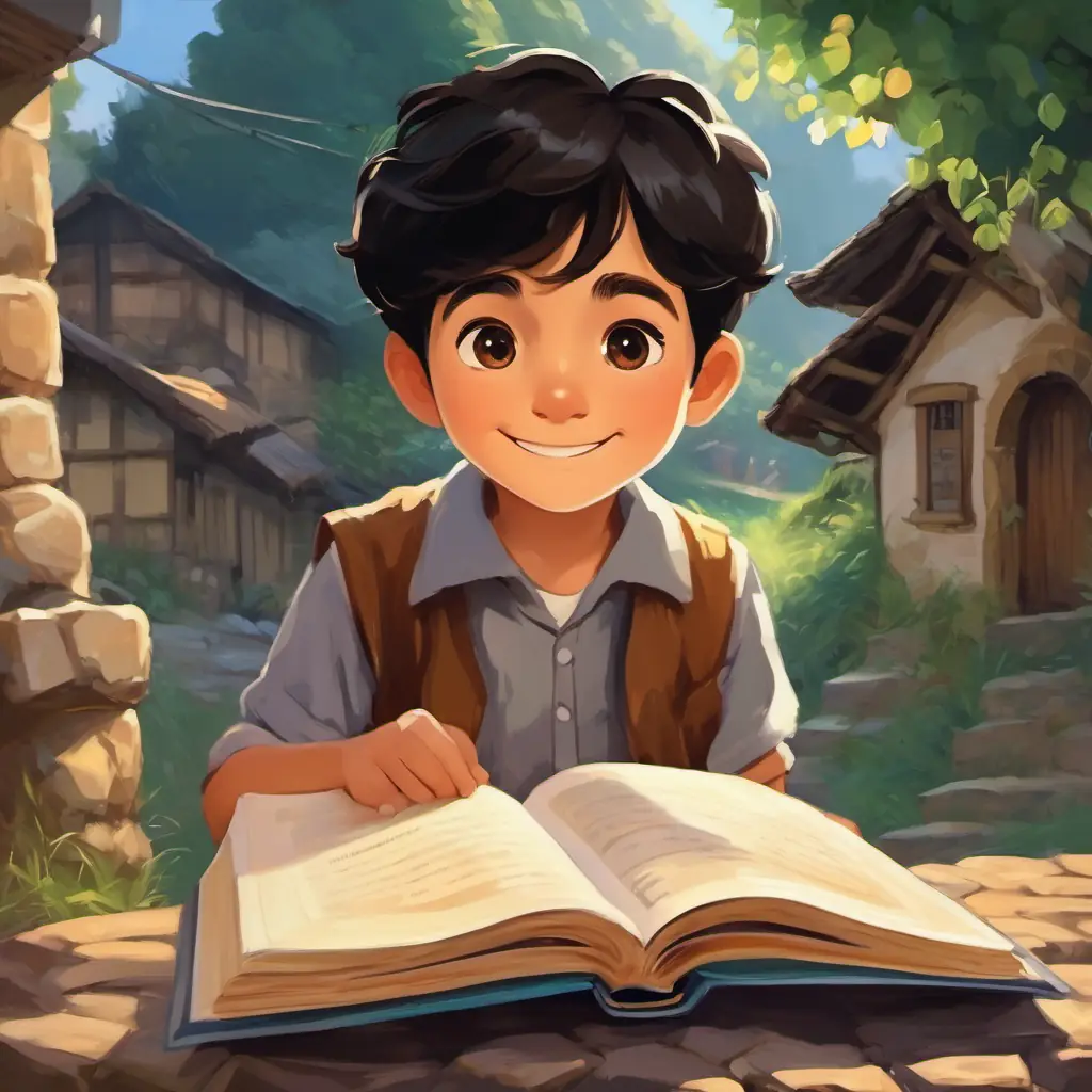 A small village with a curious young boy named A young boy with black hair, brown eyes, and a big smile reading a book.