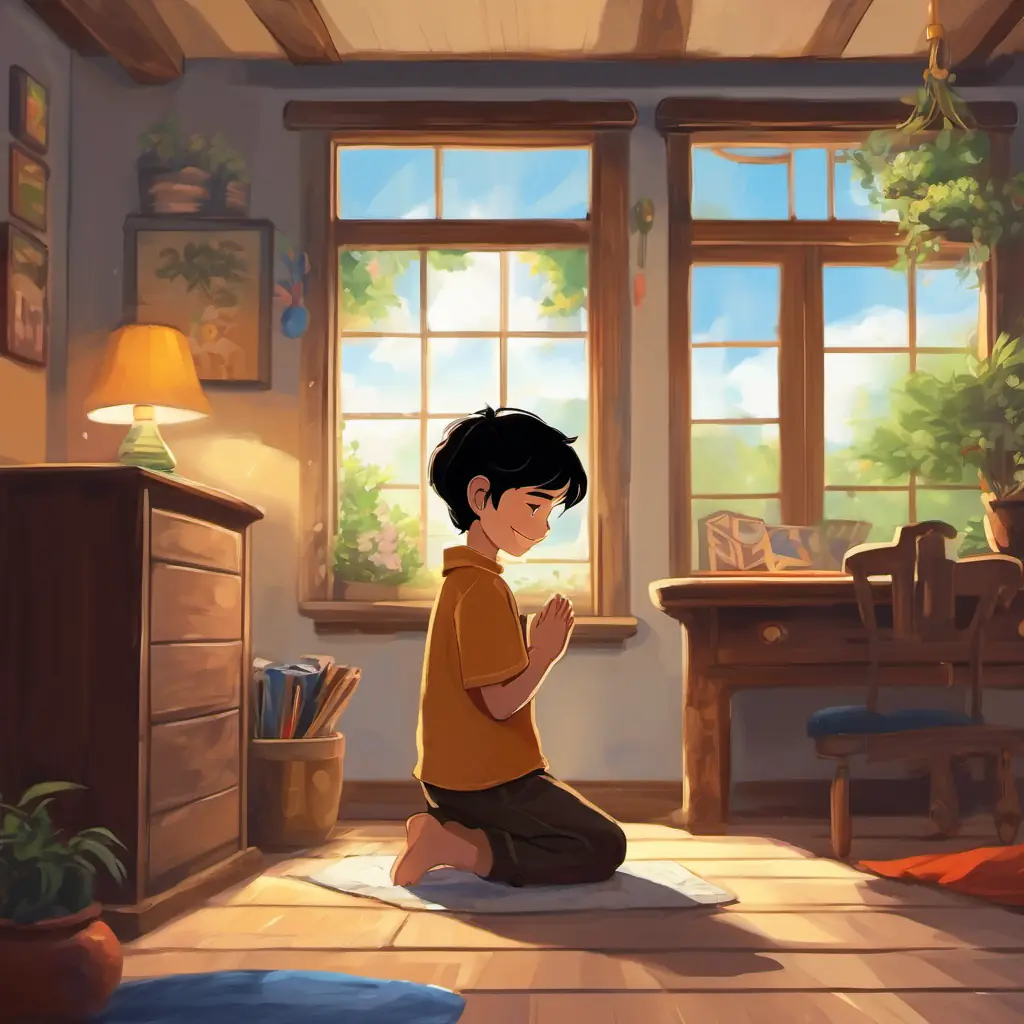 A young boy with black hair, brown eyes, and a big smile praying in his room with a peaceful atmosphere.