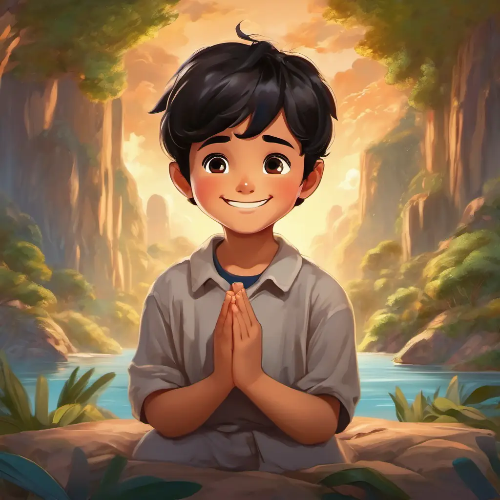 A young boy with black hair, brown eyes, and a big smile praying in different scenes, feeling close to Allah.