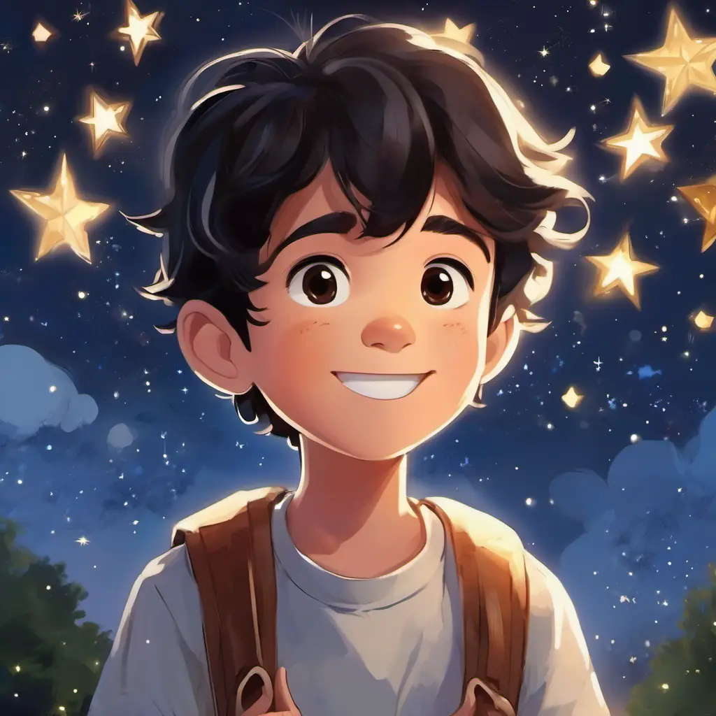 A young boy with black hair, brown eyes, and a big smile praying with a shining heart while stars twinkle outside.