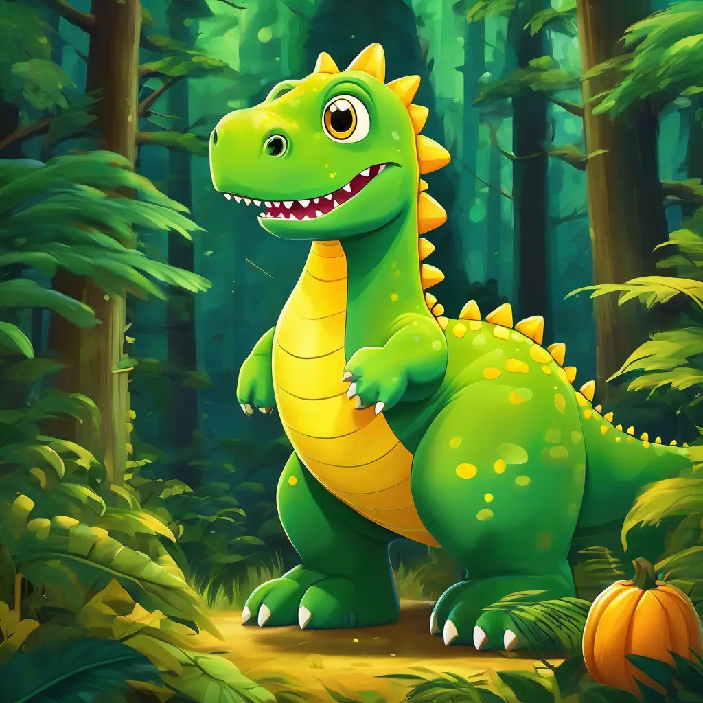 green with yellow spots, big round eyes, a green dinosaur with yellow spots, lived in a lush green forest surrounded by tall trees.