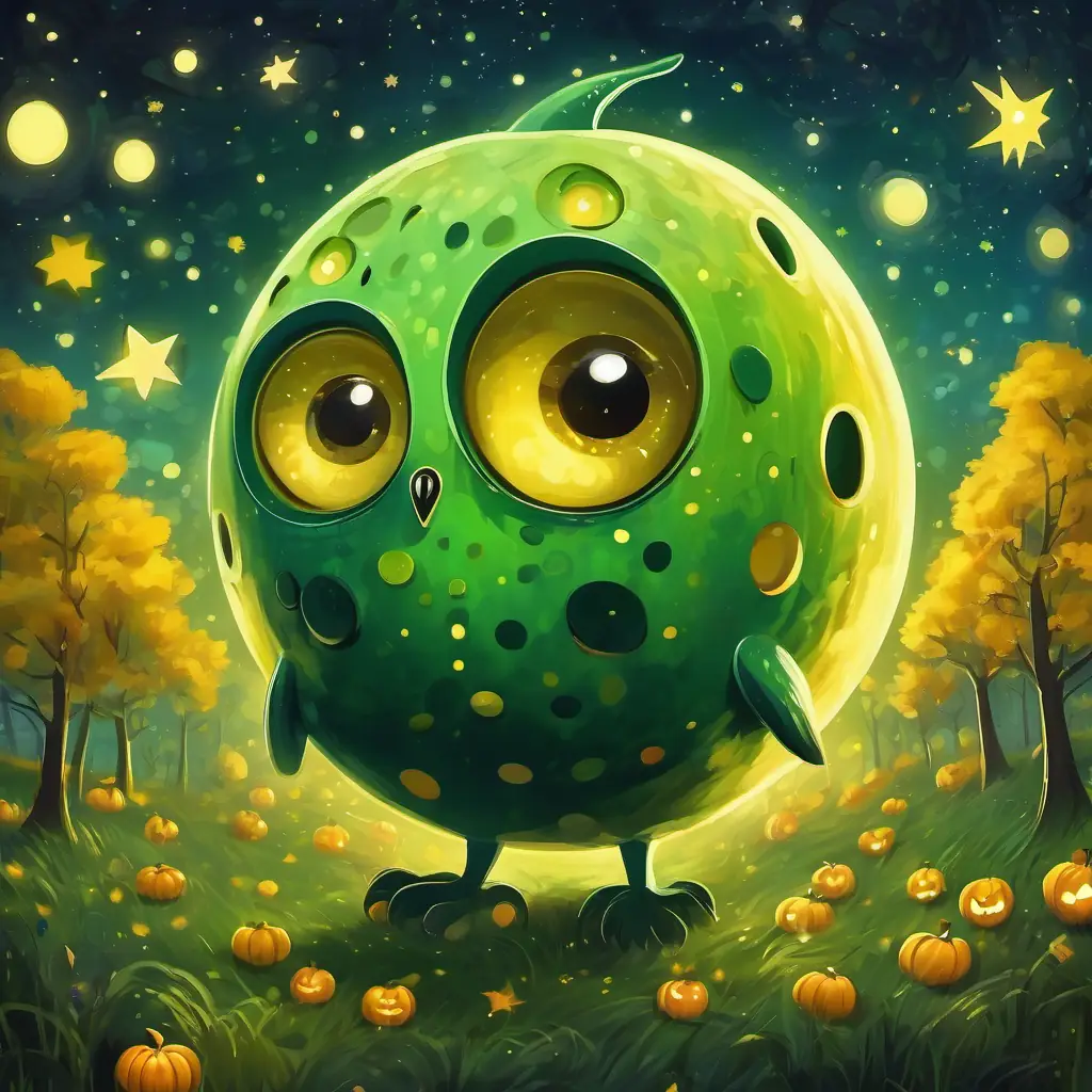 green with yellow spots, big round eyes with big round eyes, gazed up at the sparkling stars in a clear night sky.
