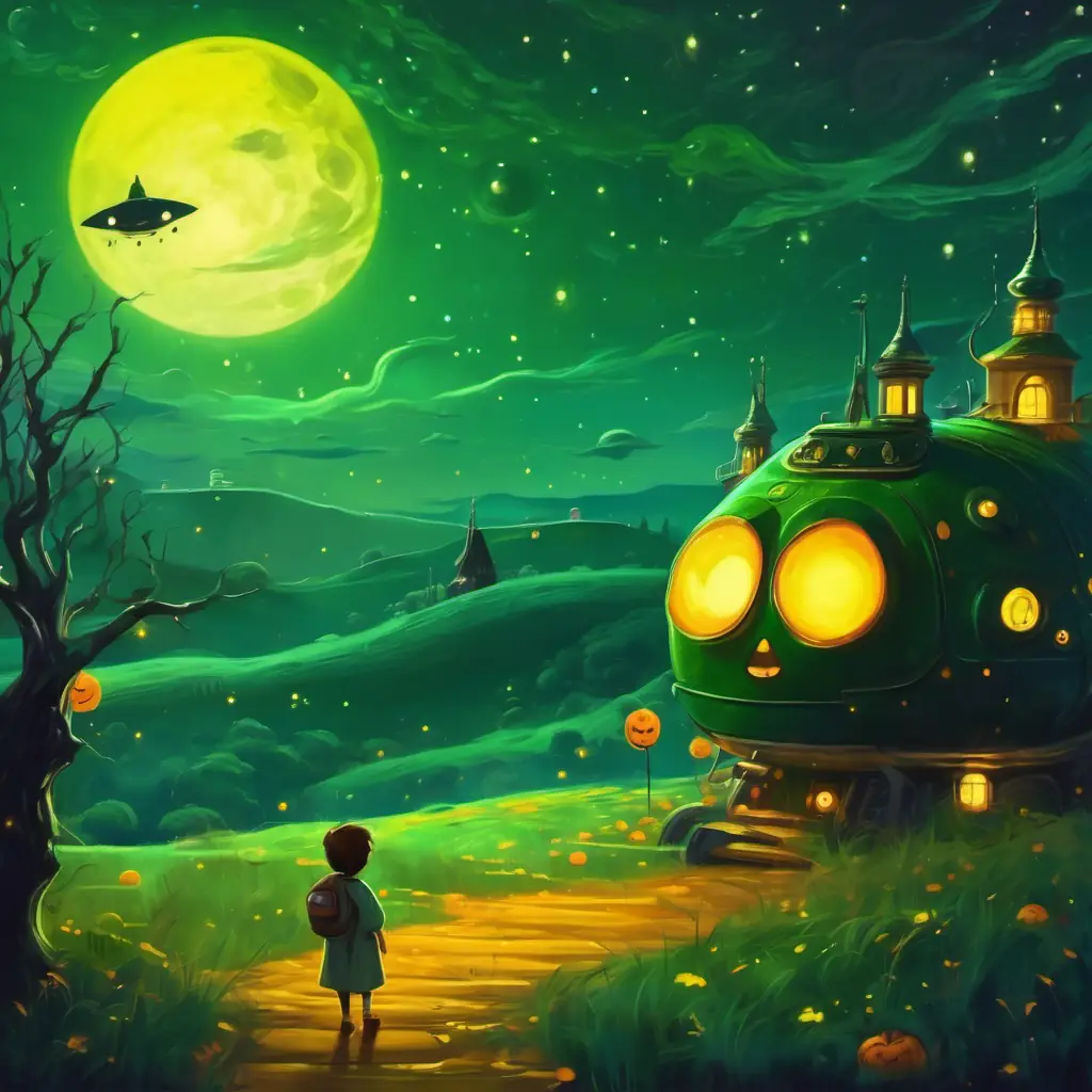 green with yellow spots, big round eyes tiptoed with wide eyes towards the spaceship in the moonlight.