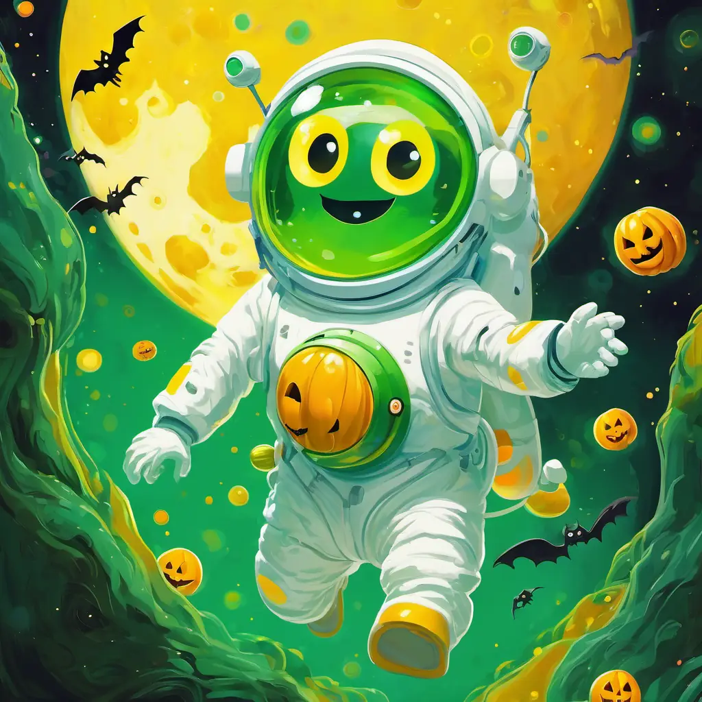 green with yellow spots, big round eyes saw white space suits, waving with smiles in white space suits waving at him with smiles.