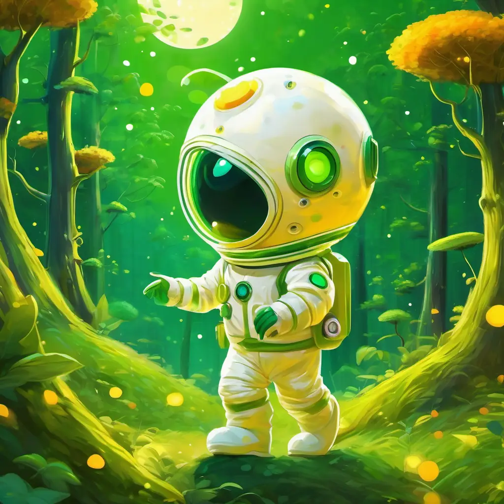 green with yellow spots, big round eyes and the white space suits, waving with smiles landed their spaceship near green with yellow spots, big round eyes's forest.
