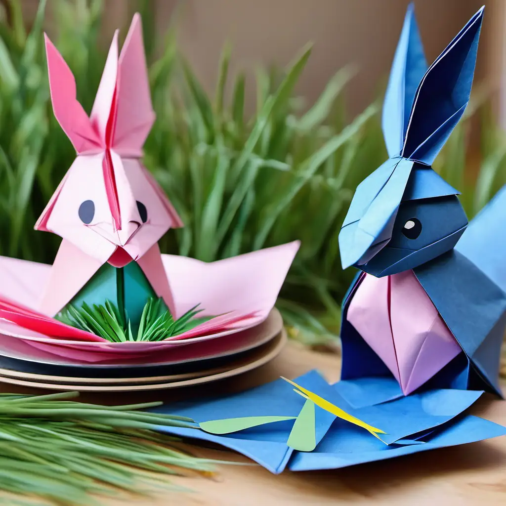 Billy is a bird with blue feathers and a yellow beak flew back to the nest and brought leaves as plates. Bunny is a bird with pink feathers and a fluffy tail found soft grass to use as napkins. They look happy and proud of their clever solution.