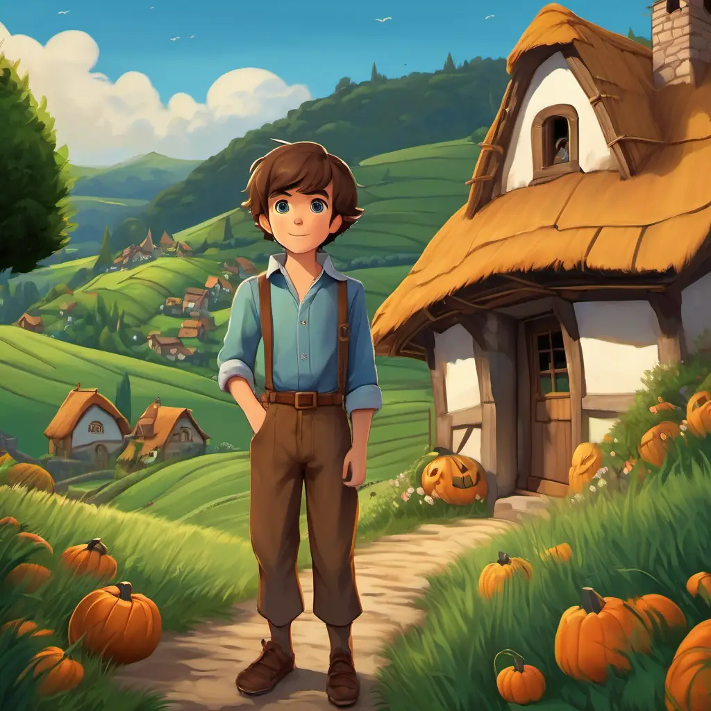 The village nestled amidst rolling green hills. A young boy with brown hair, fair skin, and curious, twinkling blue eyes stood in front of his small thatched-roof house, wearing a brown shirt and patched trousers.