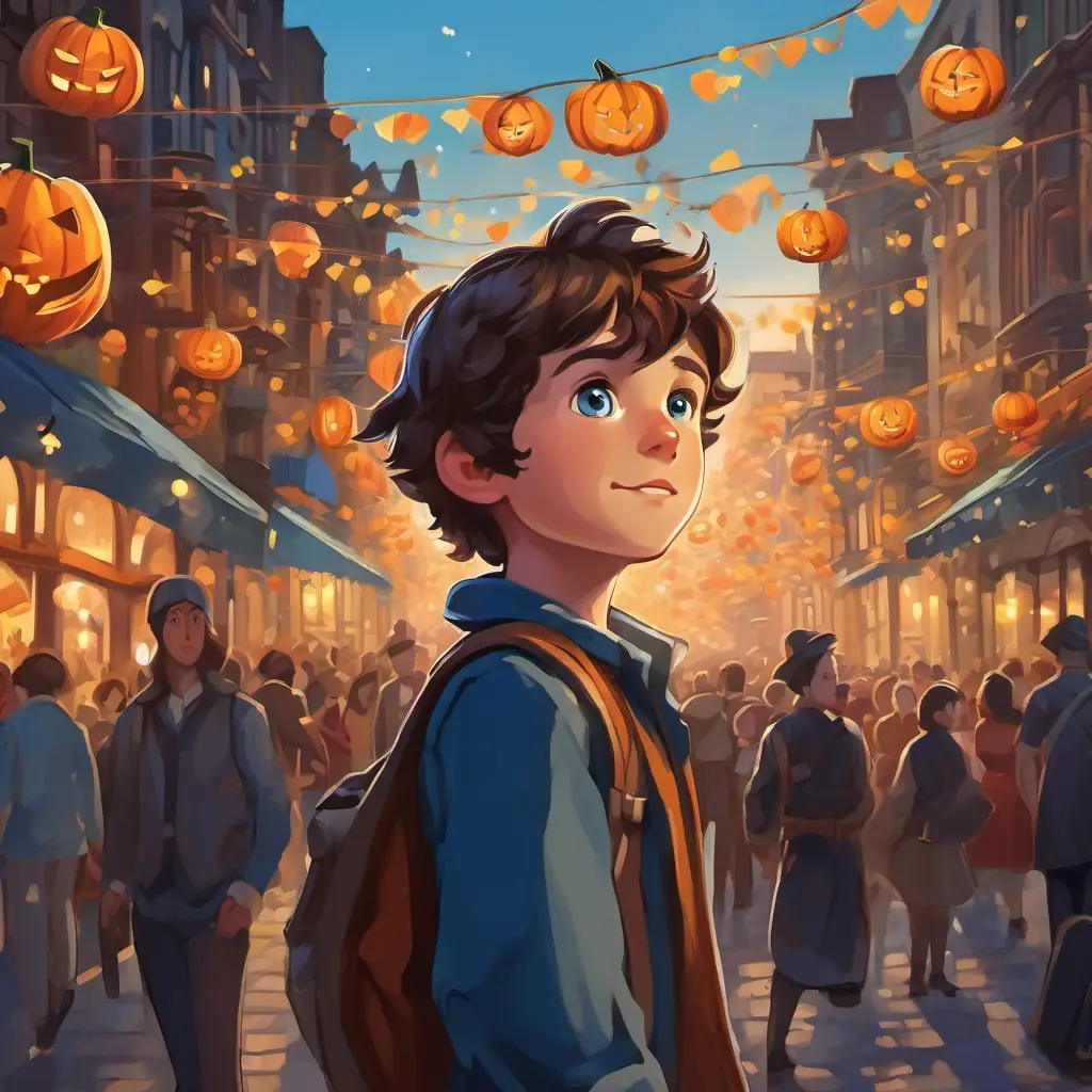 The town bustled with energy. Tall buildings lined the streets, and fancy-dressed people hurriedly walked by. A young boy with brown hair, fair skin, and curious, twinkling blue eyes stood in the midst of the crowd, his mouth wide open in awe.