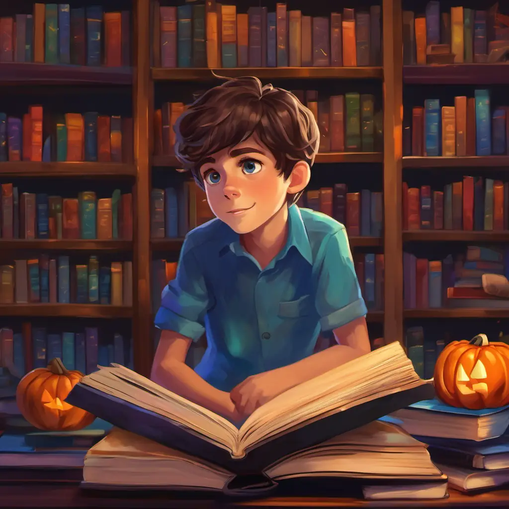 In the dimly lit library, A young boy with brown hair, fair skin, and curious, twinkling blue eyes flipped through the pages of colorful books, absorbing knowledge. Books towered all around him, and his eyes glimmered with excitement as he read.