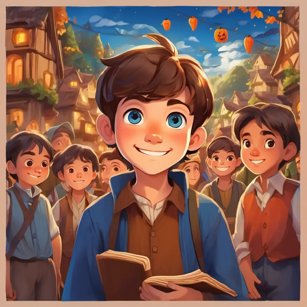 A young boy with brown hair, fair skin, and curious, twinkling blue eyes, surrounded by villagers, presented his ideas with a sense of purpose. The villagers listened attentively, their smiles growing as they envisioned a brighter future for their village.