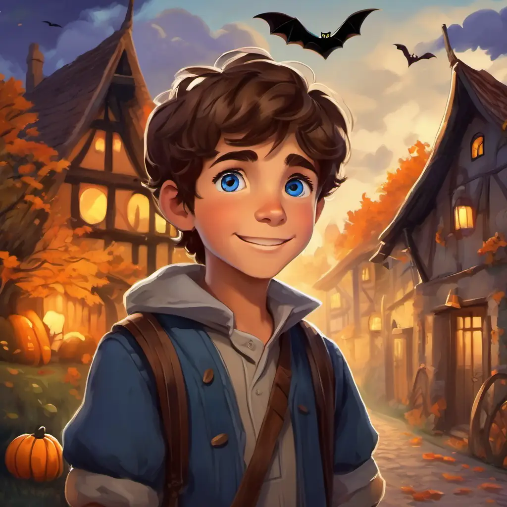 A young boy with brown hair, fair skin, and curious, twinkling blue eyes stood confidently, his eyes filled with determination and a big smile on his face, knowing he had made a positive impact on his village.