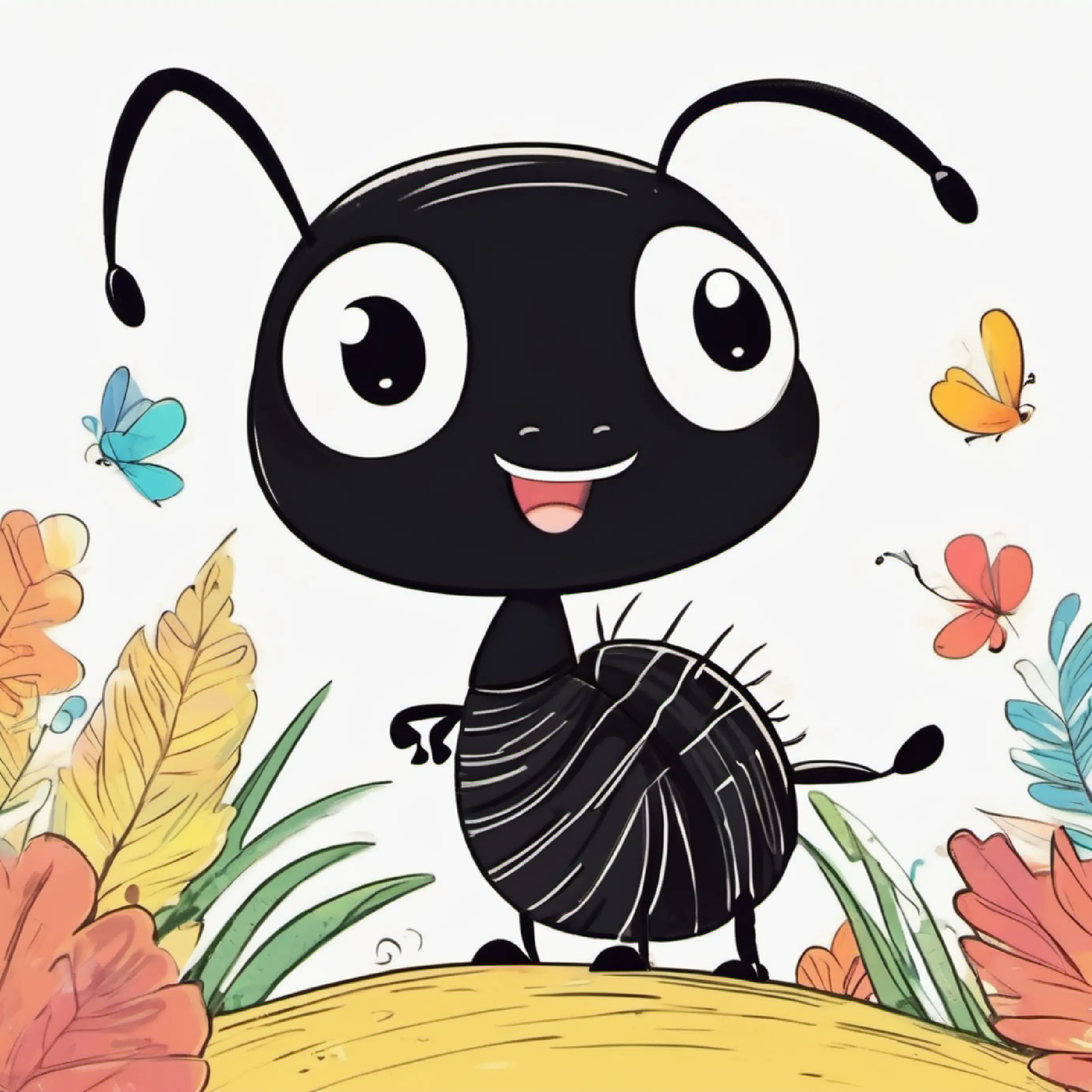 Friendly ant, black with big eyes, always smiling waving goodbye, alphabet in the background.