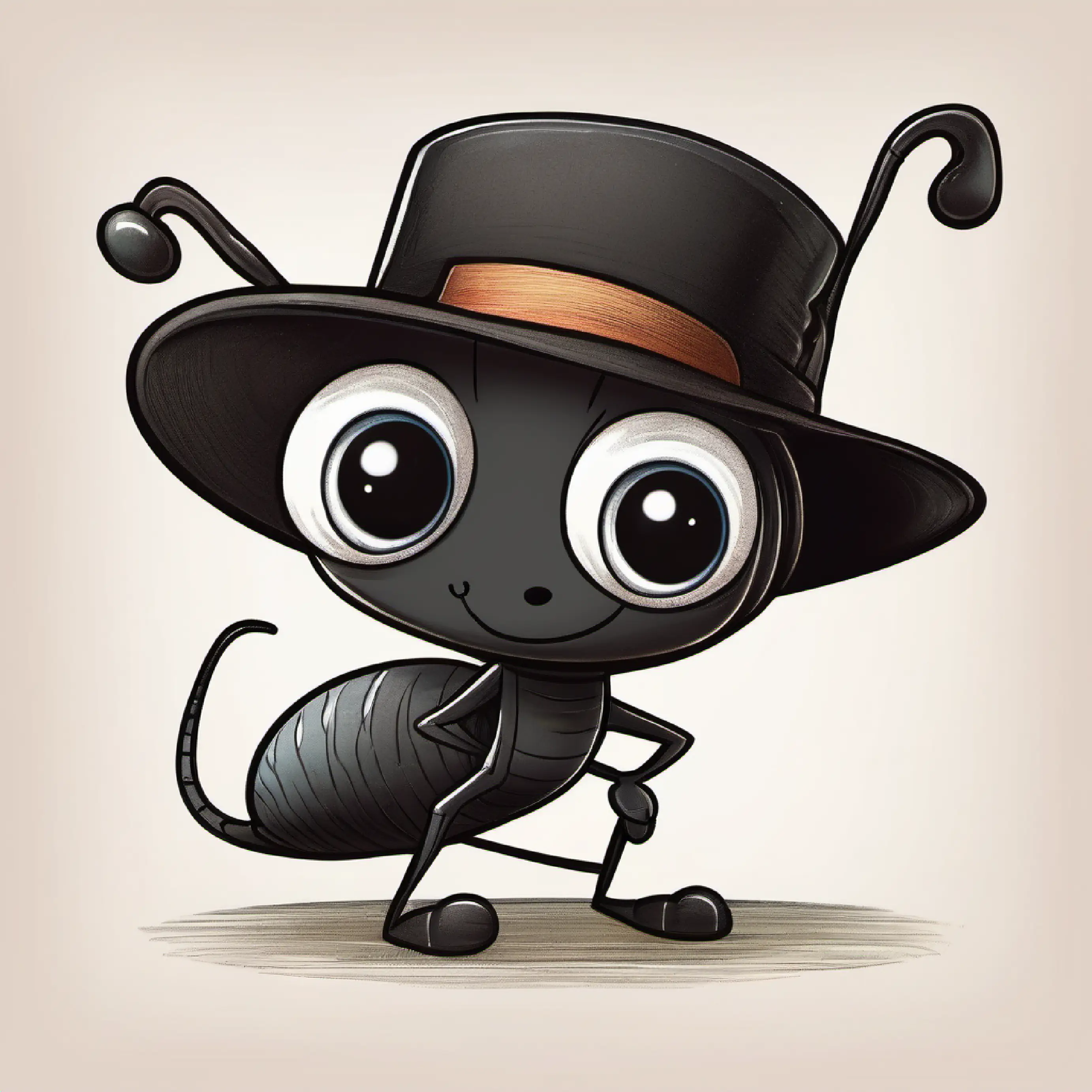 Friendly ant, black with big eyes, always smiling pointing at a hat hanging, letter H above.