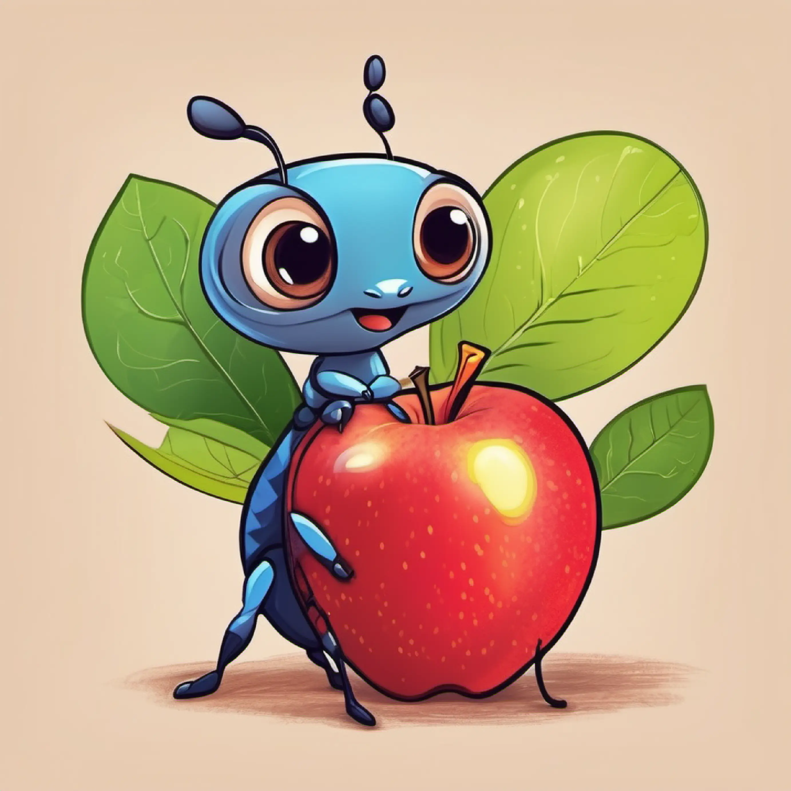 young, cute, adorable ANT holding apple, big eyes, colorful