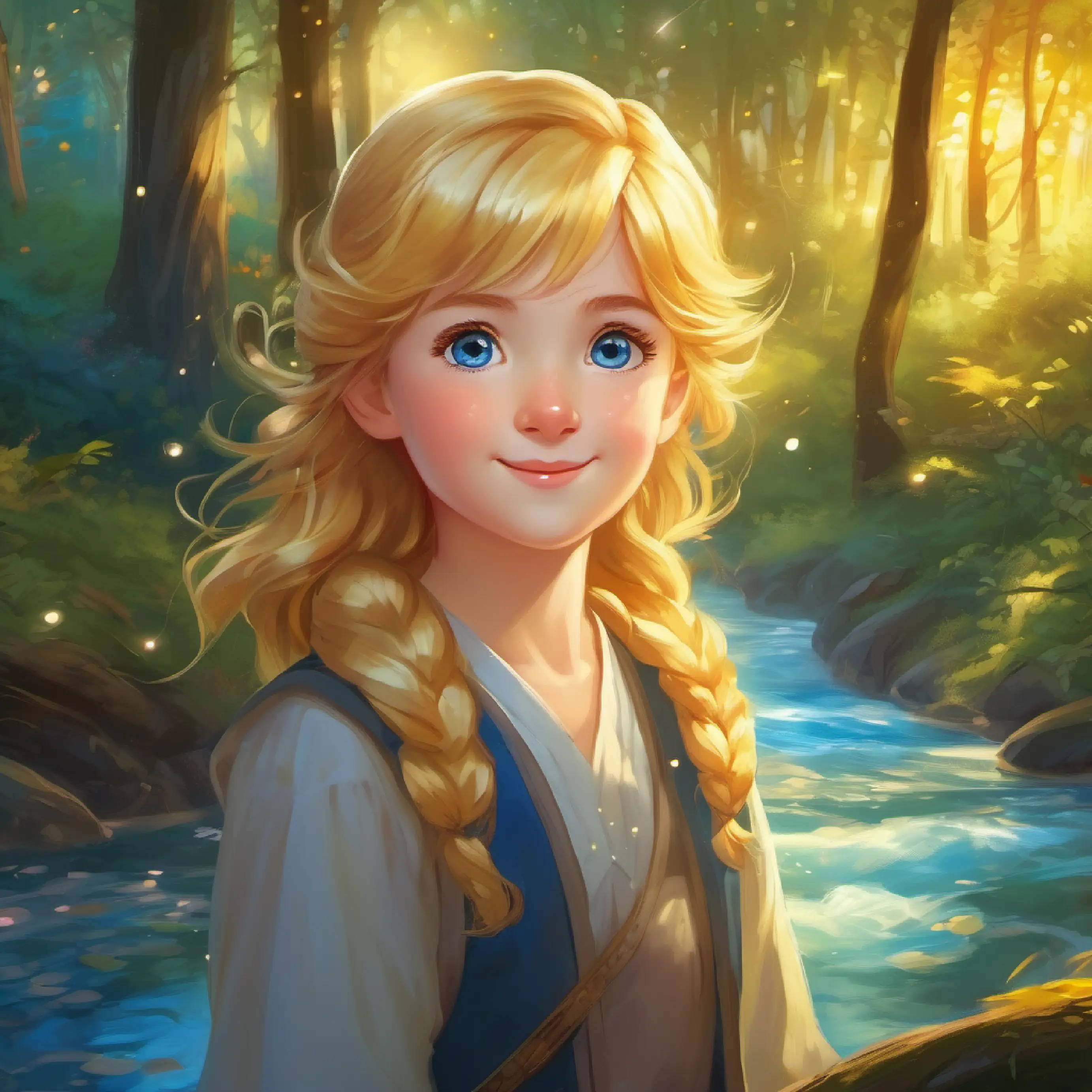 Magical forest, Golden hair, bright eyes, Blue eyes, warm smile, sparkling stream