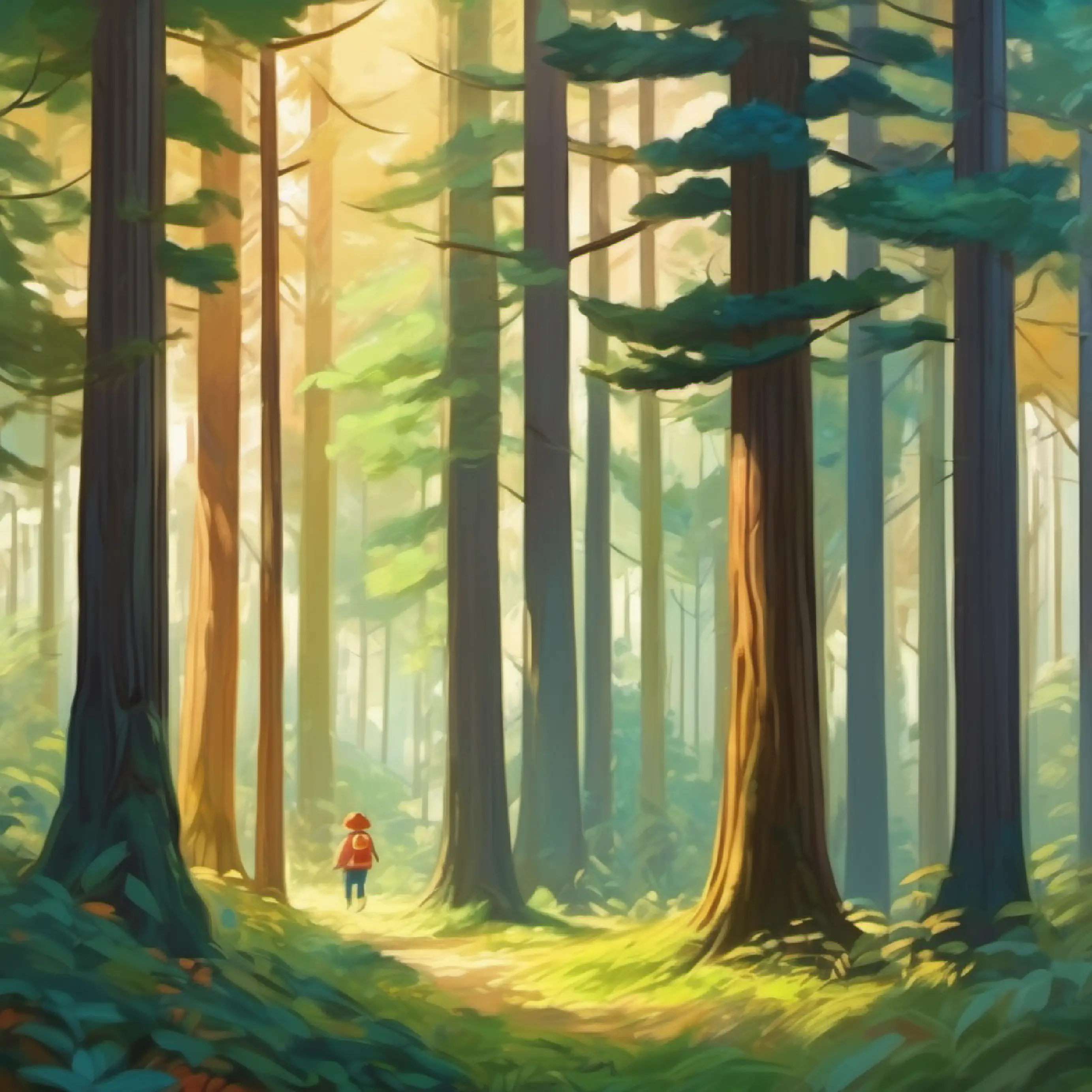 Tall trees, hide and seek, laughter, echoing forest