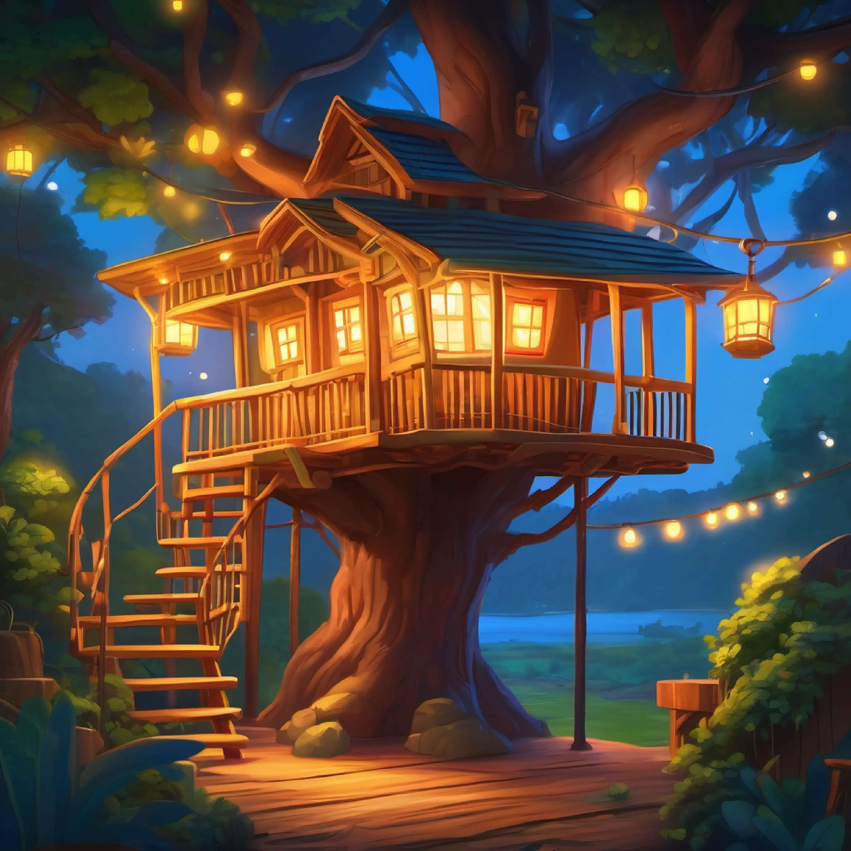 Cozy treehouse, colorful pillows, twinkling lights, endless laughter