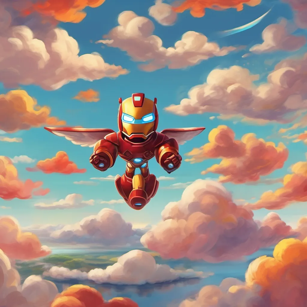 A young boy dreaming with a big smile, imagining himself as Iron-Man, soaring through the sky with bright colors and whimsical clouds.