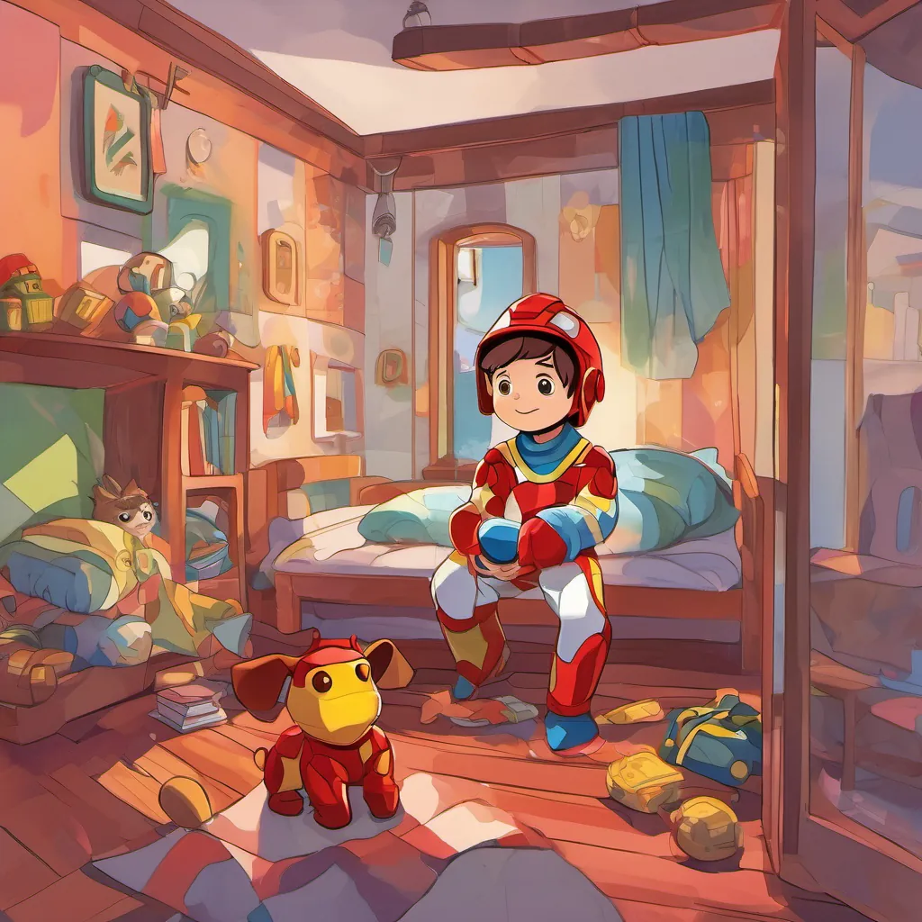young boy with wide eyes and an expressive face, often seen in a dreaming or excited state, wearing playful pajamas or a fireman’s helmet in his colorful bedroom, dressed in playful pajamas, making heroic poses in front of a mirror that shows Iron-Man figurines.