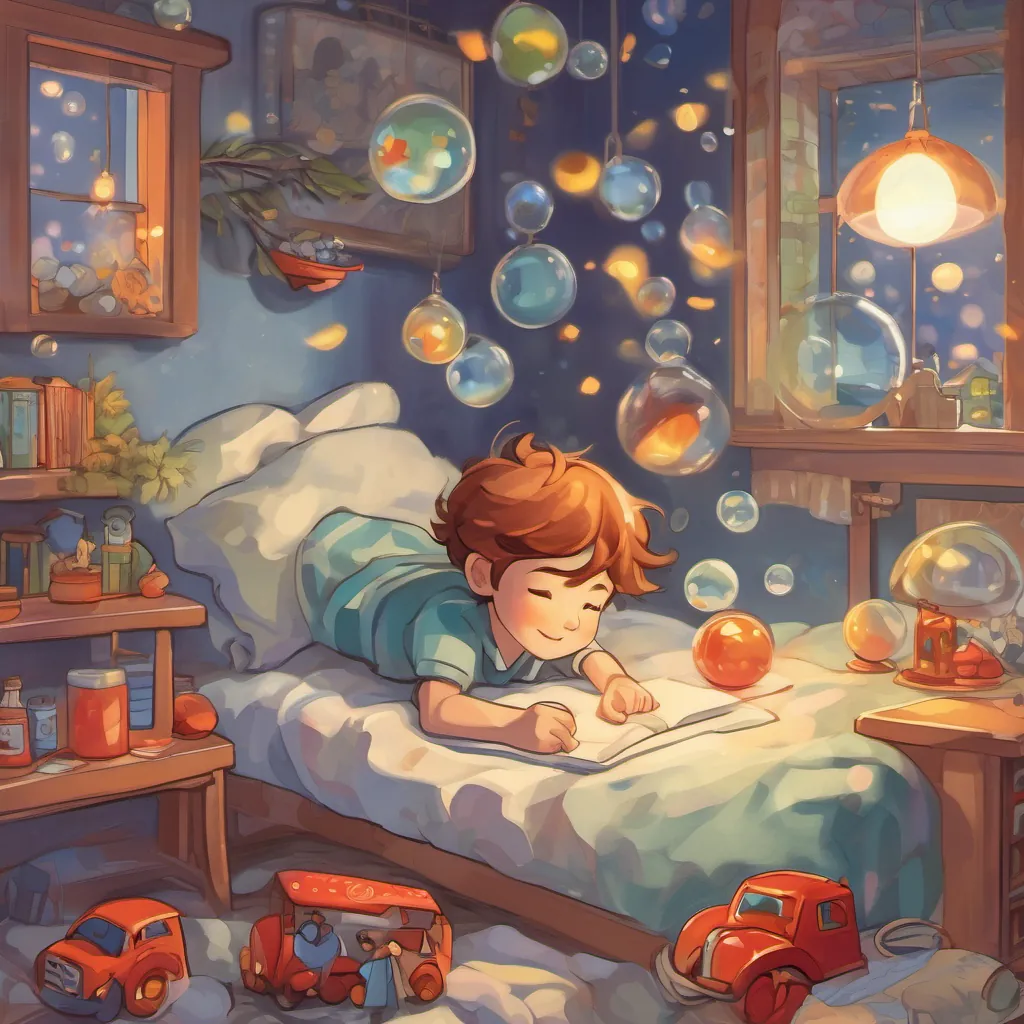 young boy with wide eyes and an expressive face, often seen in a dreaming or excited state, wearing playful pajamas or a fireman’s helmet peacefully sleeping in his bed with a smile, dreaming of heroic deeds, with dream bubbles showing firemen in action.