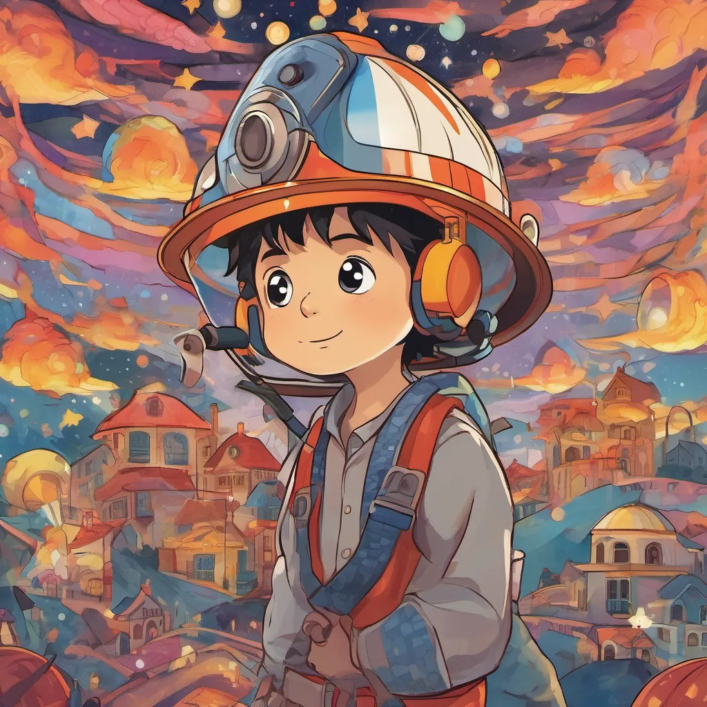 young boy with wide eyes and an expressive face, often seen in a dreaming or excited state, wearing playful pajamas or a fireman’s helmet imagining different professions with colorful hats, including fireman helmets, under a night sky filled with twinkling stars.