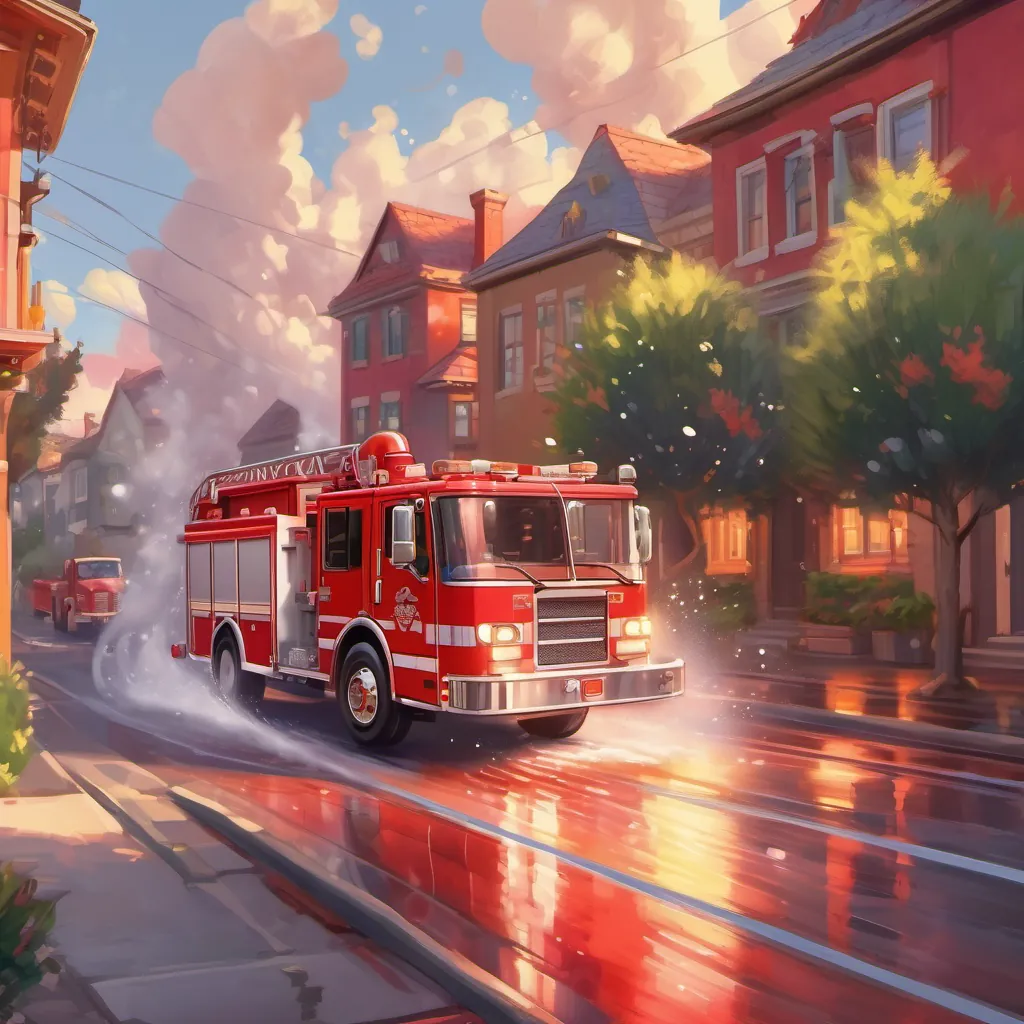 A vibrant and bright scene of a shiny red fire truck speeding down a neighborhood street, with bells clanging and a hose spraying water.