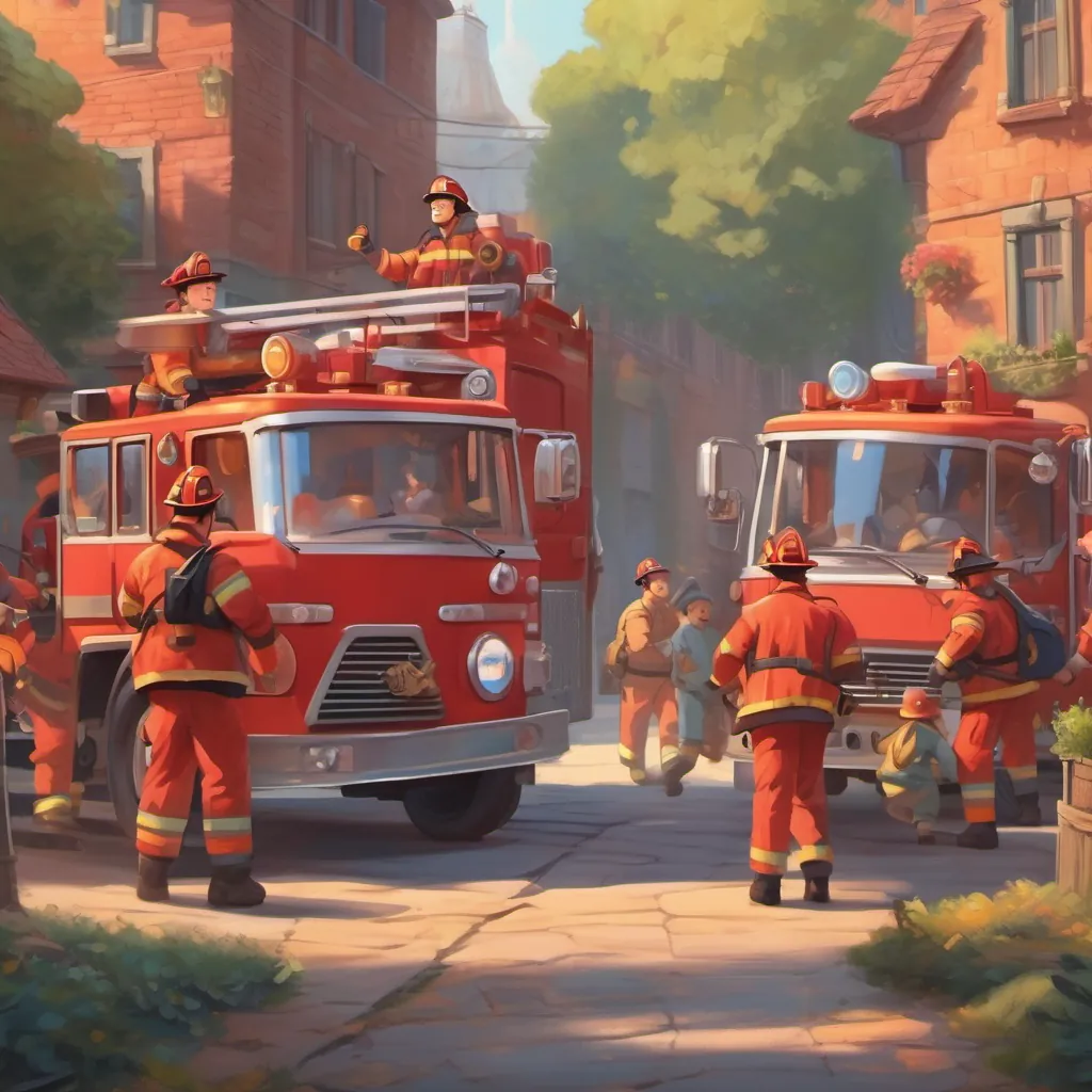Firemen in brave and determined stances, hopping off the truck, ready to put out a fire, with animated expressions and heroic poses.