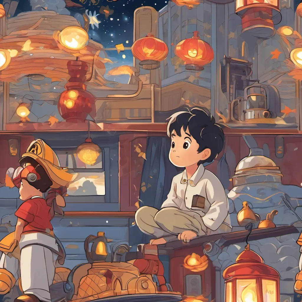young boy with wide eyes and an expressive face, often seen in a dreaming or excited state, wearing playful pajamas or a fireman’s helmet with wide eyes and an open mouth, gazing in awe at the firemen, with twinkling stars around his head to emphasize admiration.