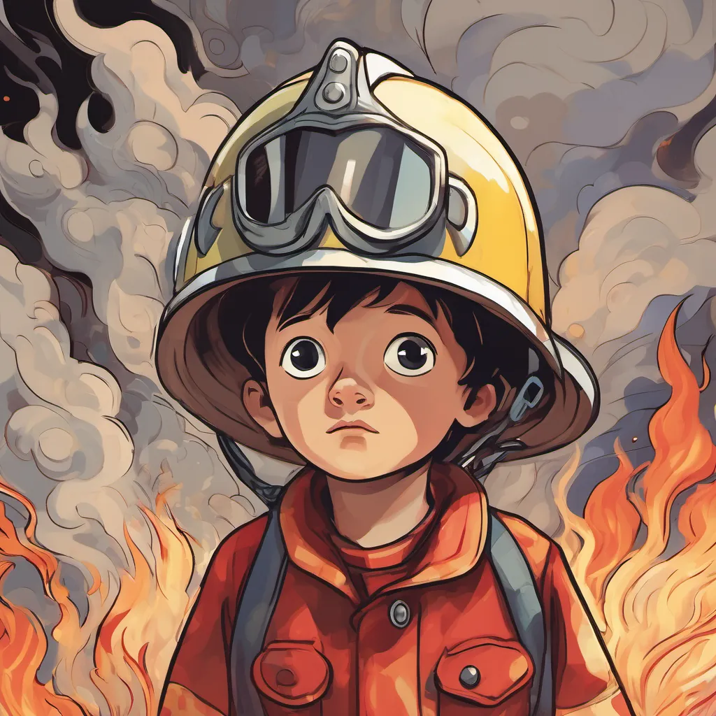 young boy with wide eyes and an expressive face, often seen in a dreaming or excited state, wearing playful pajamas or a fireman’s helmet looking thoughtful, with a speech bubble imagining firemen as superheroes, standing strong against cartoonish flames and smoke.