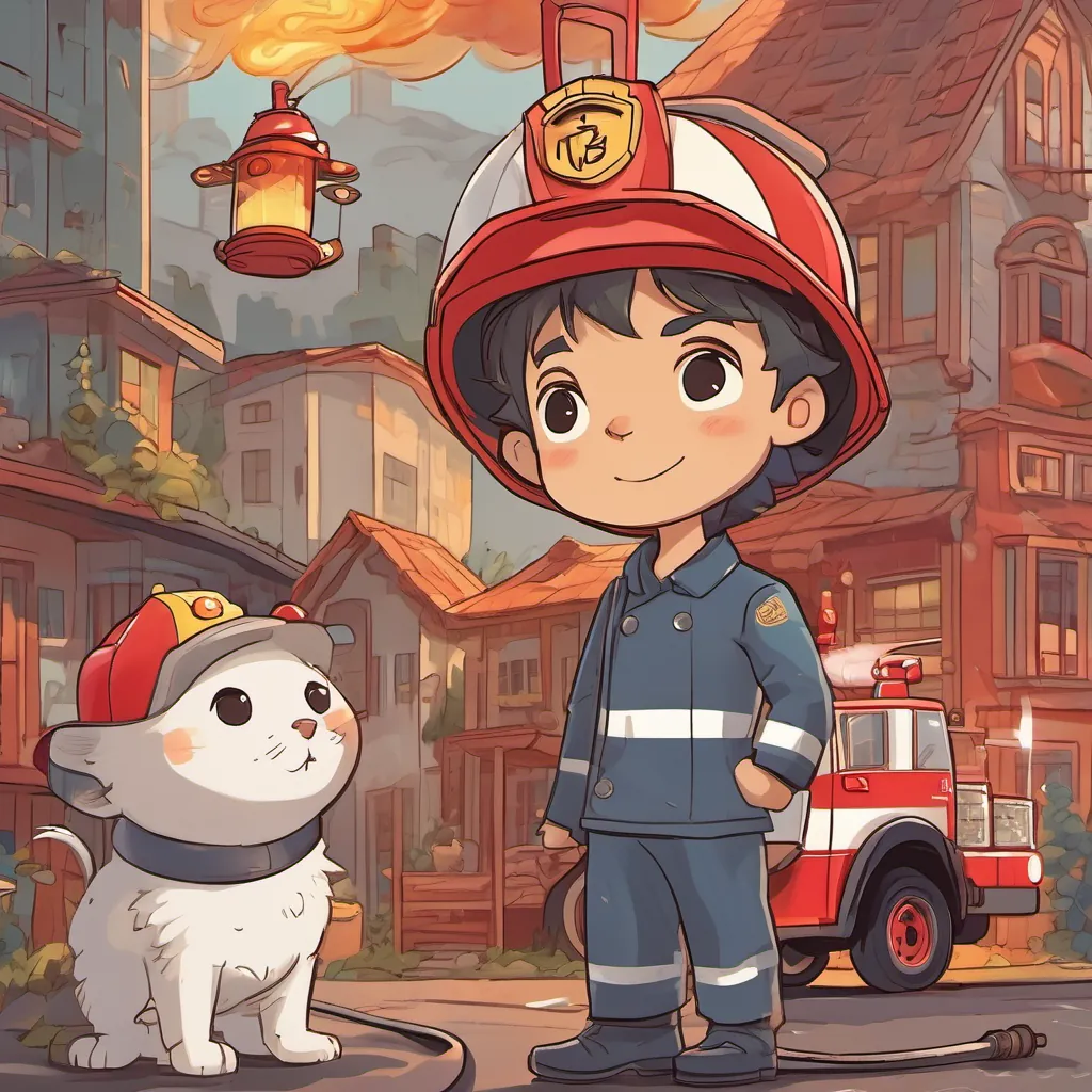 young boy with wide eyes and an expressive face, often seen in a dreaming or excited state, wearing playful pajamas or a fireman’s helmet in a dreamy state, imagining himself in a fireman’s uniform, holding a hose and standing proudly beside a fire truck.