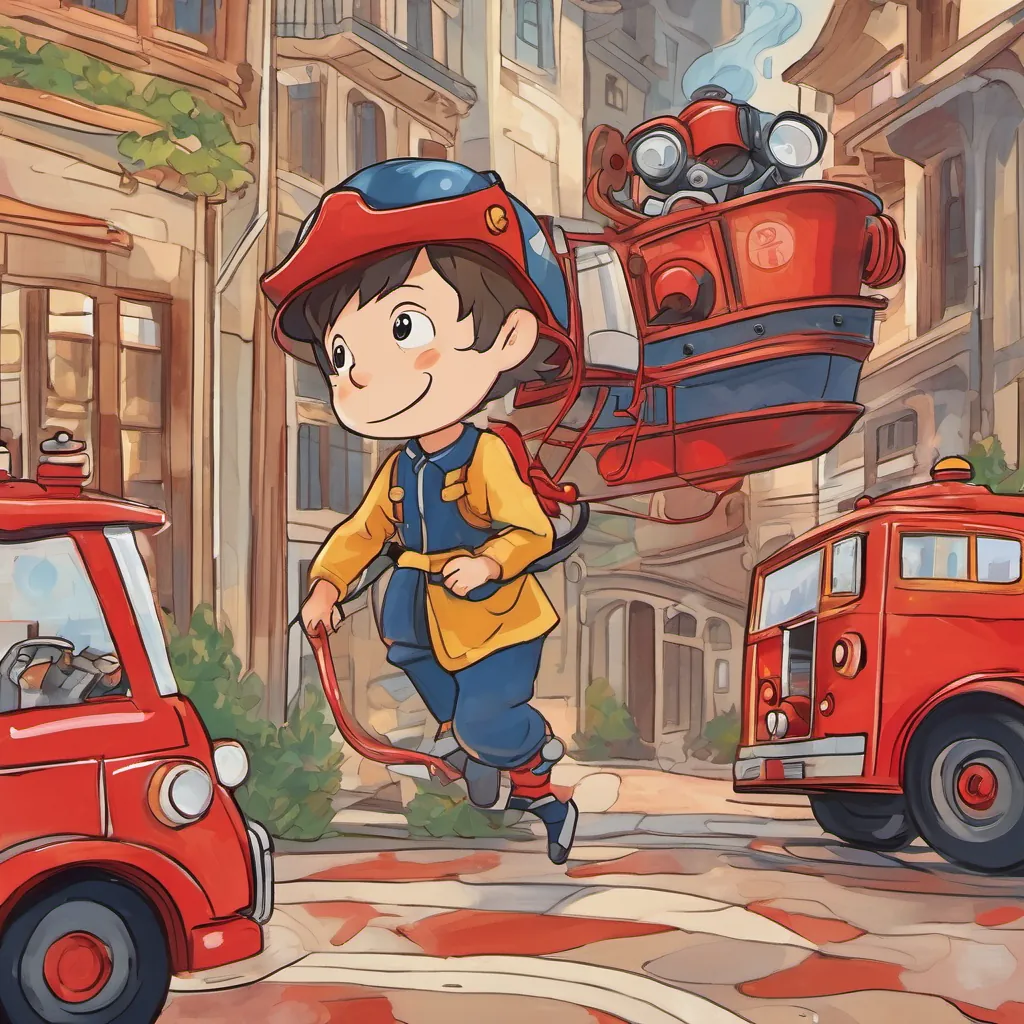 young boy with wide eyes and an expressive face, often seen in a dreaming or excited state, wearing playful pajamas or a fireman’s helmet in whimsical illustrations, wearing a fireman’s helmet, holding a hose, and hopping onto a bright red fire truck with a joyful expression.