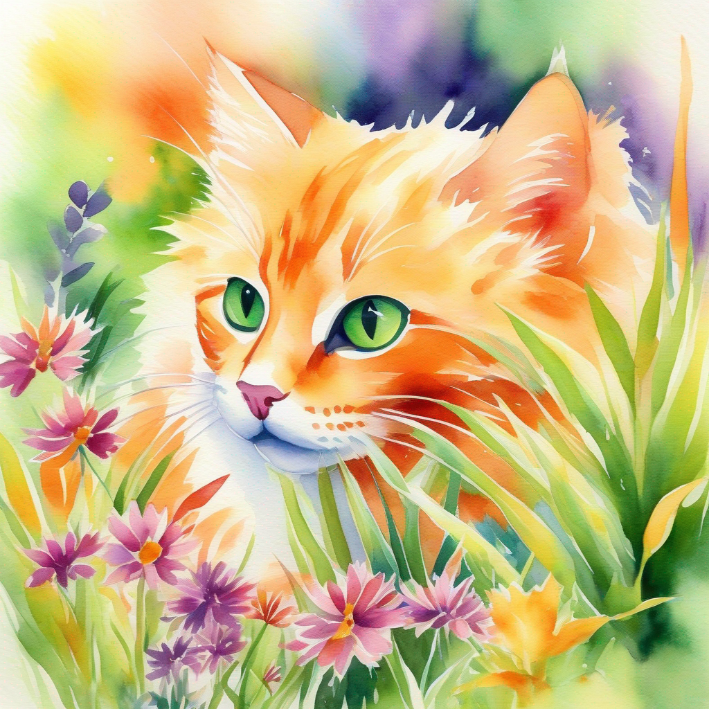 A playful cat with orange fur and green eyes. the cat playing in a colorful garden.